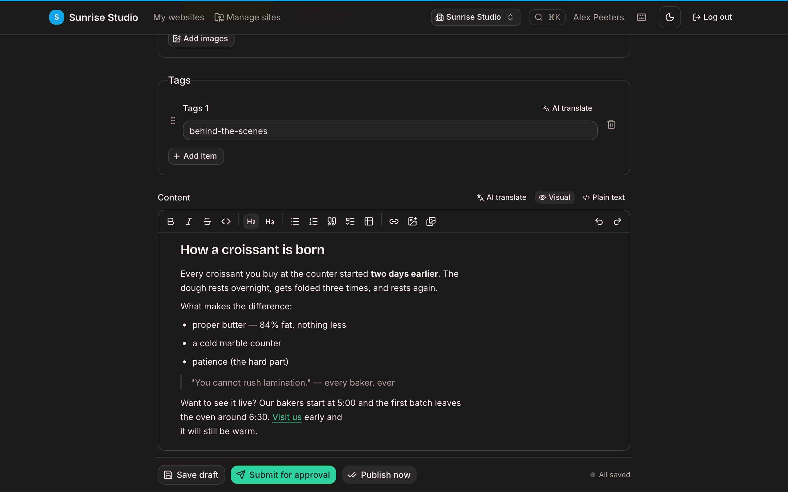 The Content field with its formatting toolbar (bold, italic, headings, lists, quote, table, link, image), the Visual / Plain text toggle, and a formatted article with a heading, bold text, a bullet list and a quote