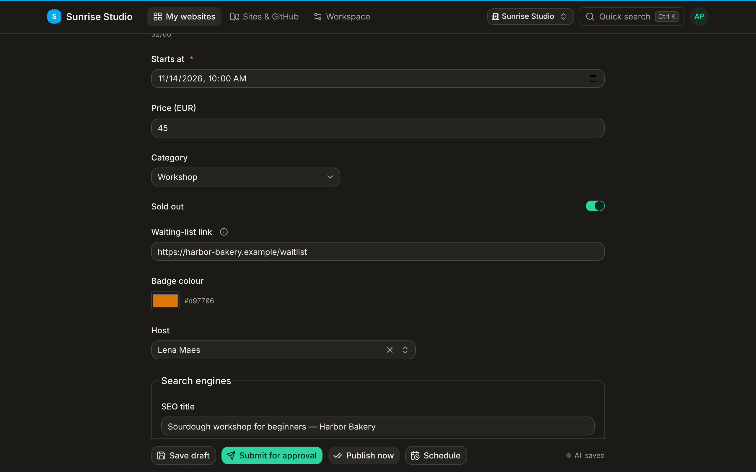 An event entry with structured fields: a Starts at date-and-time picker, a Price (EUR) number, a Category dropdown set to Workshop, a Sold out switch turned on and a Waiting-list link field that appears because the event is sold out