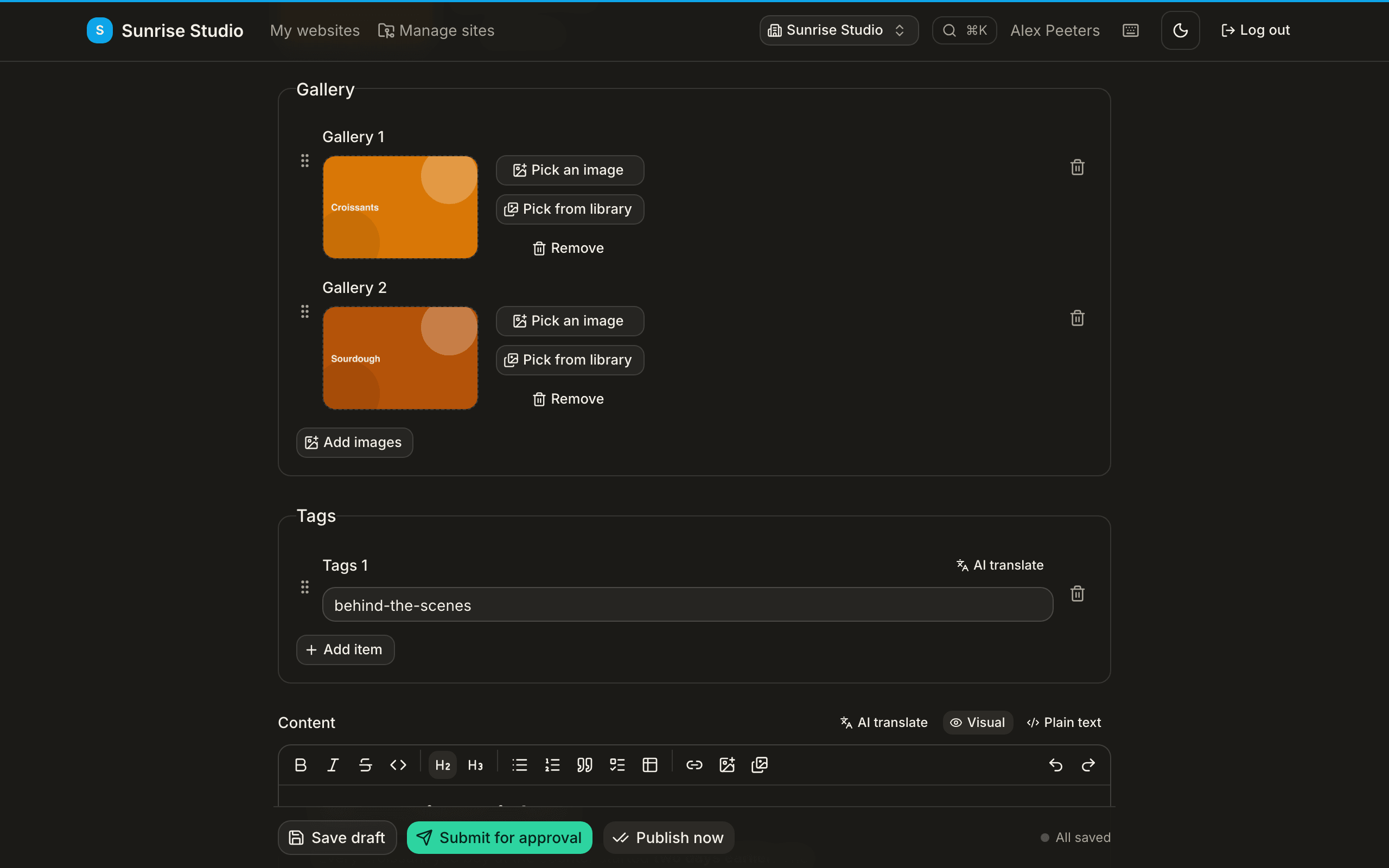 An image gallery field in the entry editor: a row of photo thumbnails, each with a drag handle, and an Add images button below them
