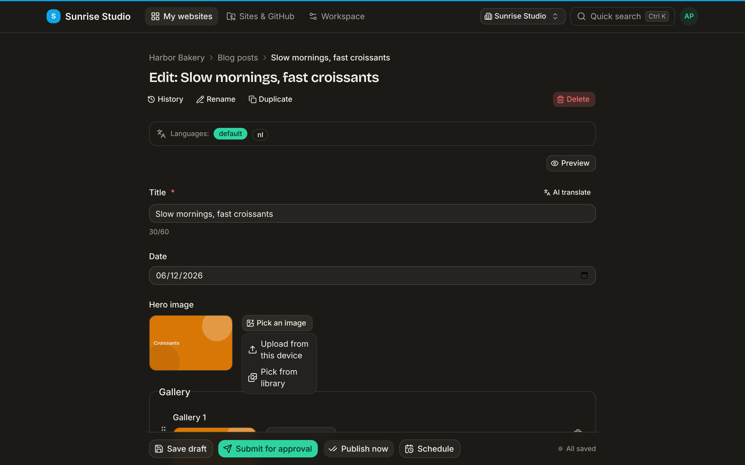 The Hero image field with a croissant thumbnail and an open menu under Pick an image offering Upload from this device and Pick from library