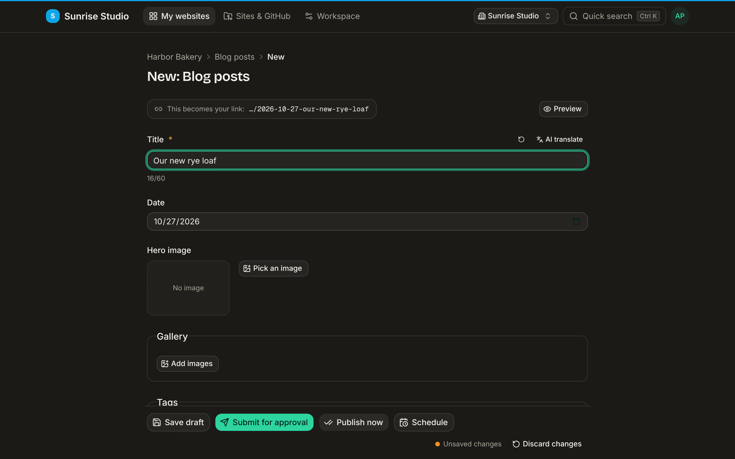 A new blog post form with the title “Our new rye loaf” typed in and, above it, the notice “This becomes your link: …/2026-10-27-our-new-rye-loaf”