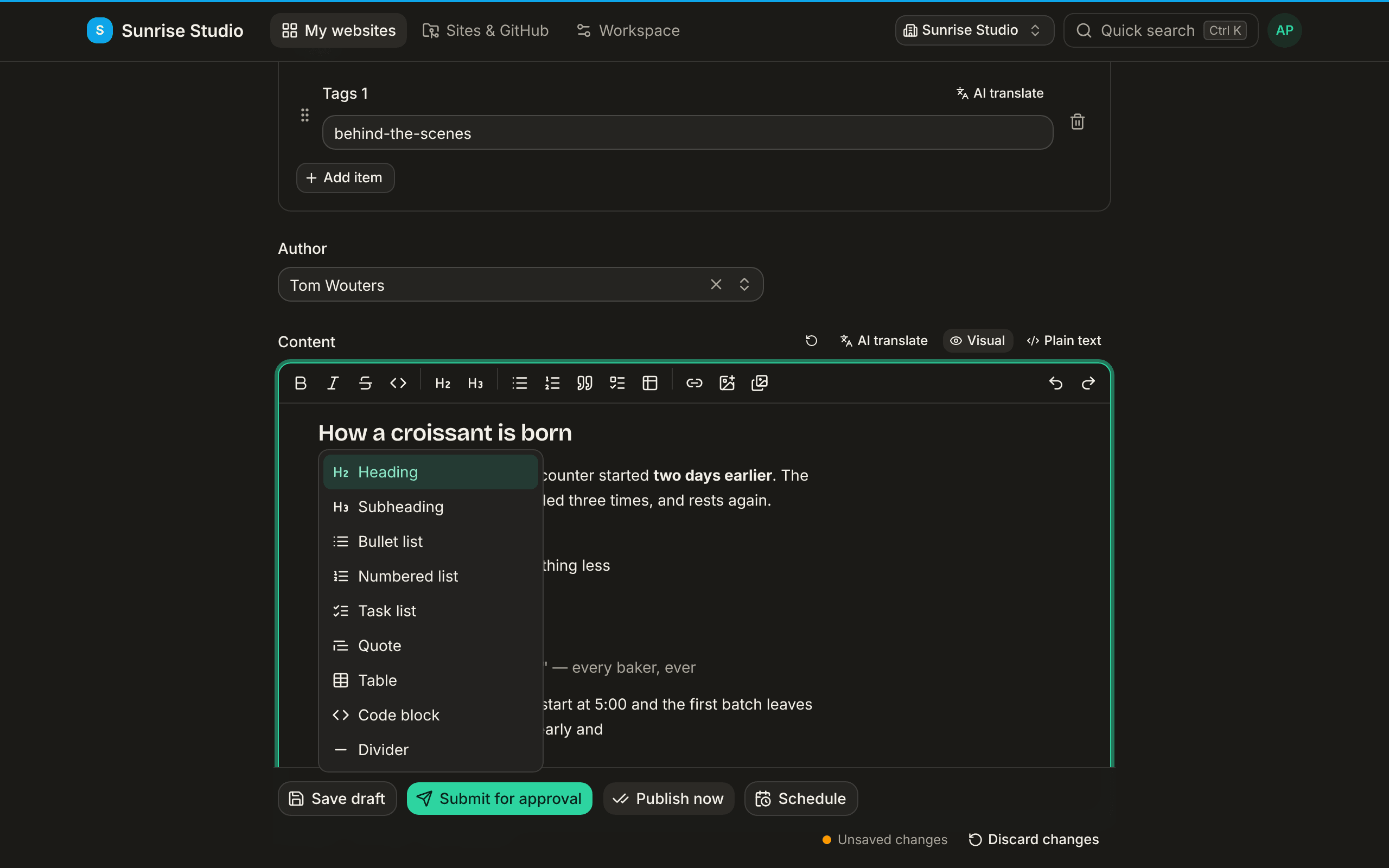 The Content editor with the slash menu open under a fresh line: Heading, Subheading, Bullet list, Numbered list, Task list, Quote, Table, Code block and Divider, each with an icon