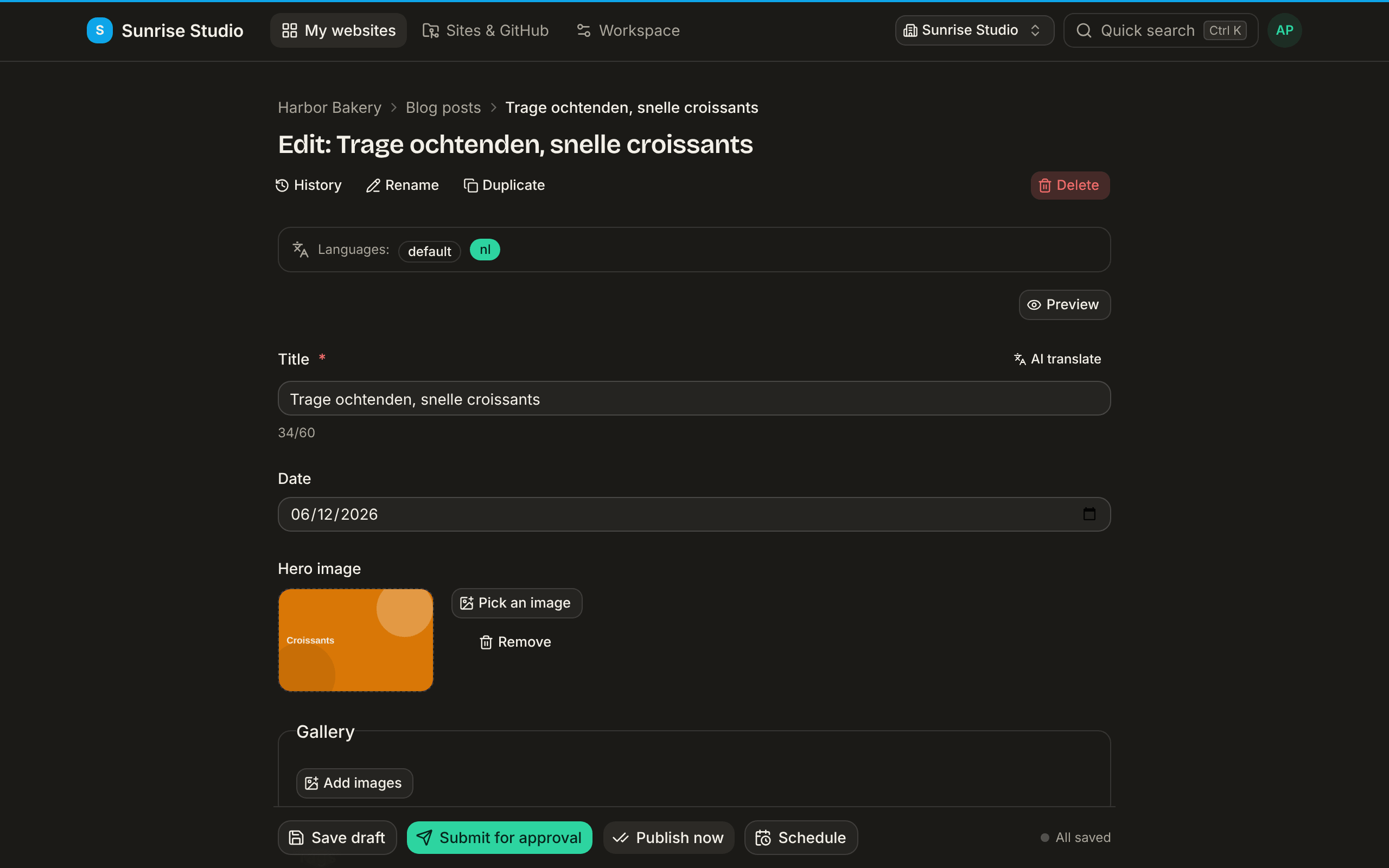 The Dutch translation of a blog post open in the editor: the Languages bar at the top shows “default” and a highlighted “nl”, and the title field reads “Trage ochtenden, snelle croissants” with an AI translate button