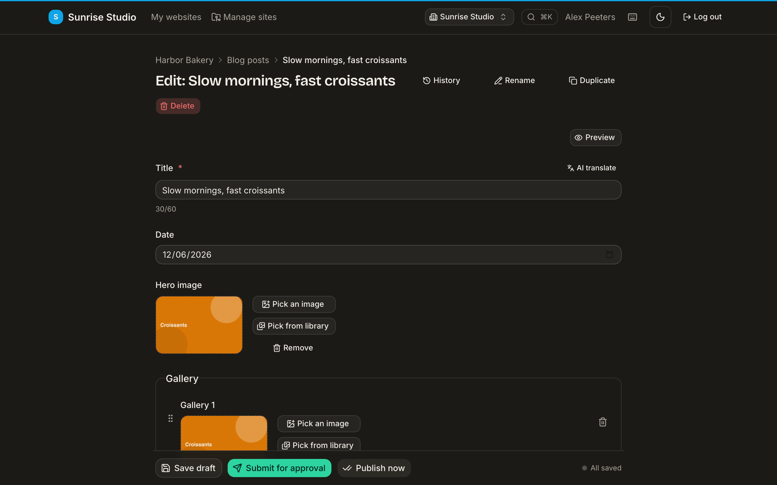 Editing a blog post: a form with a Title field with character counter, a Date field, a Hero image with Pick an image / Pick from library / Remove buttons, and Tags — with Save draft, Submit for approval and Publish now at the bottom