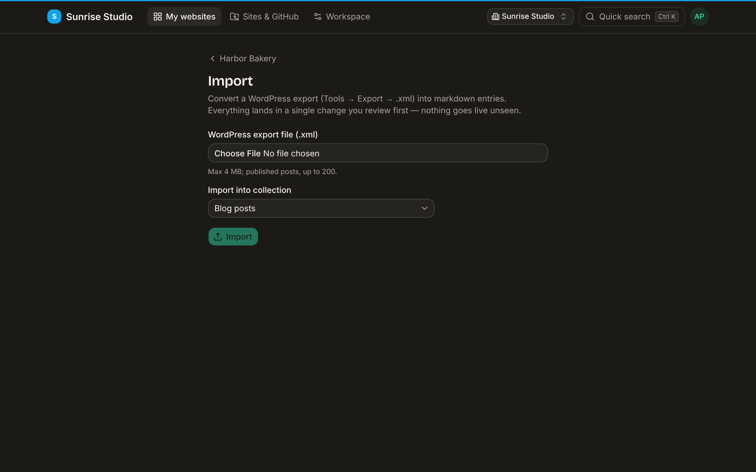 The Import page of a site: a WordPress export file (.xml) picker with the note Max 4 MB; published posts, up to 200, an Import into collection dropdown set to Blog posts, and an Import button