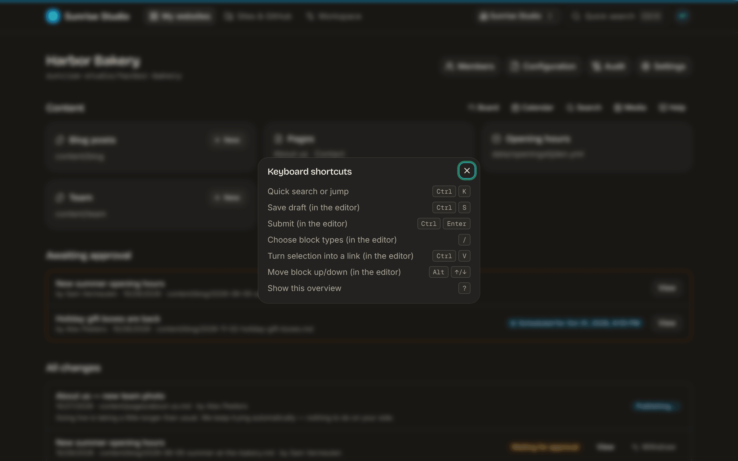 The Keyboard shortcuts overview dialog listing quick search (Ctrl K), save draft (Ctrl S), submit (Ctrl Enter), block types (/), link from selection (Ctrl V), move block (Alt ↑/↓) and this overview (?)