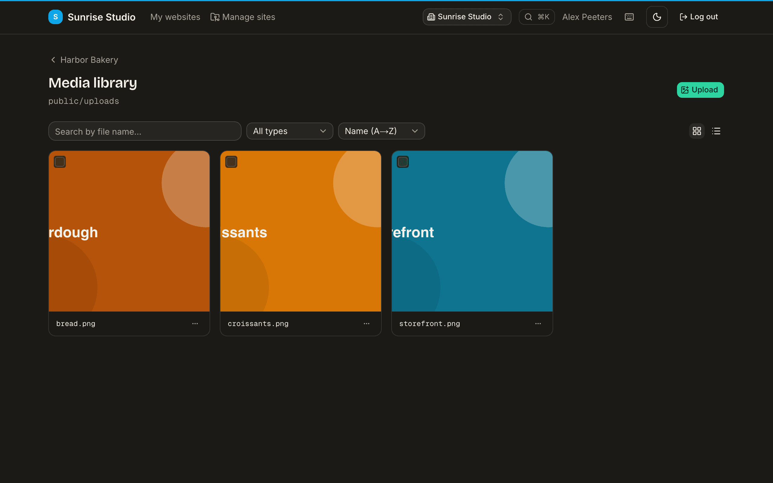 A site's Media library showing a grid of uploaded images with their file names, a search box, a type filter and a sort selector