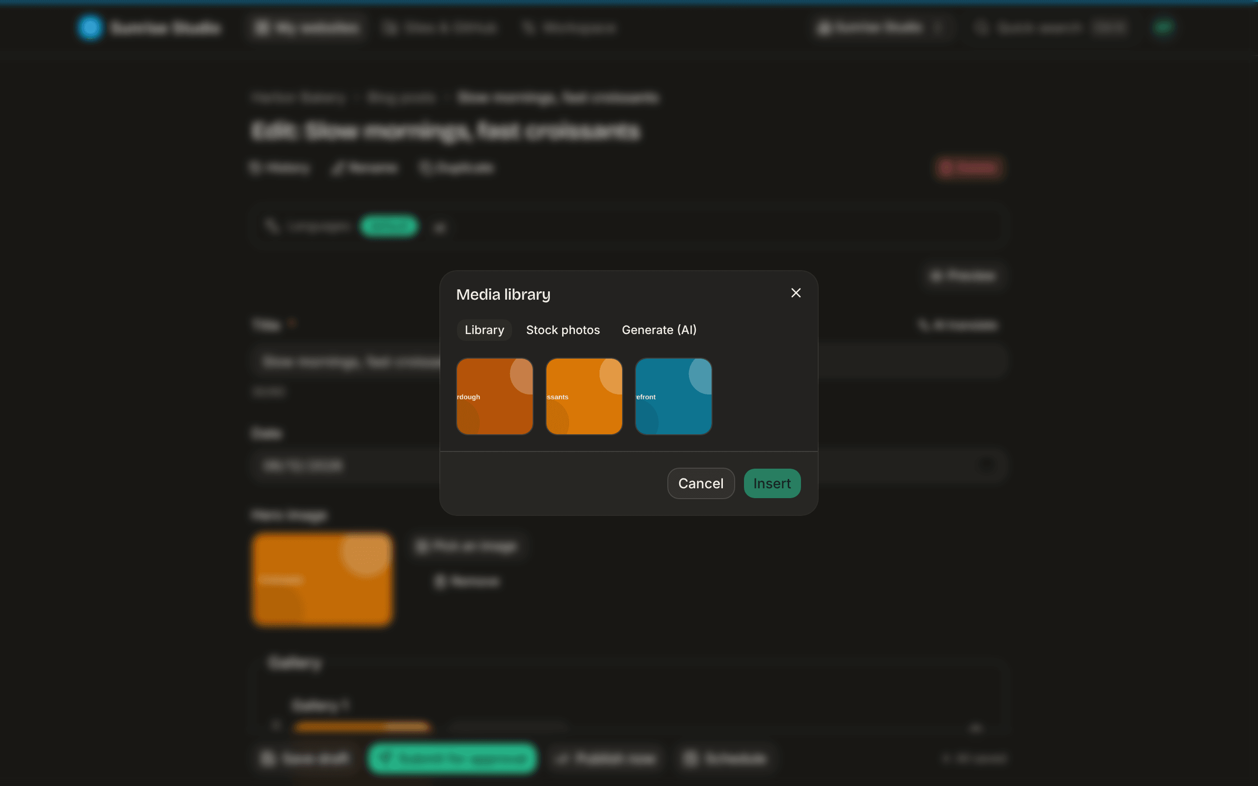 The Media library dialog over the editor with Library, Stock photos and Generate (AI) tabs, the site's uploaded photos as thumbnails, and Cancel and Insert buttons