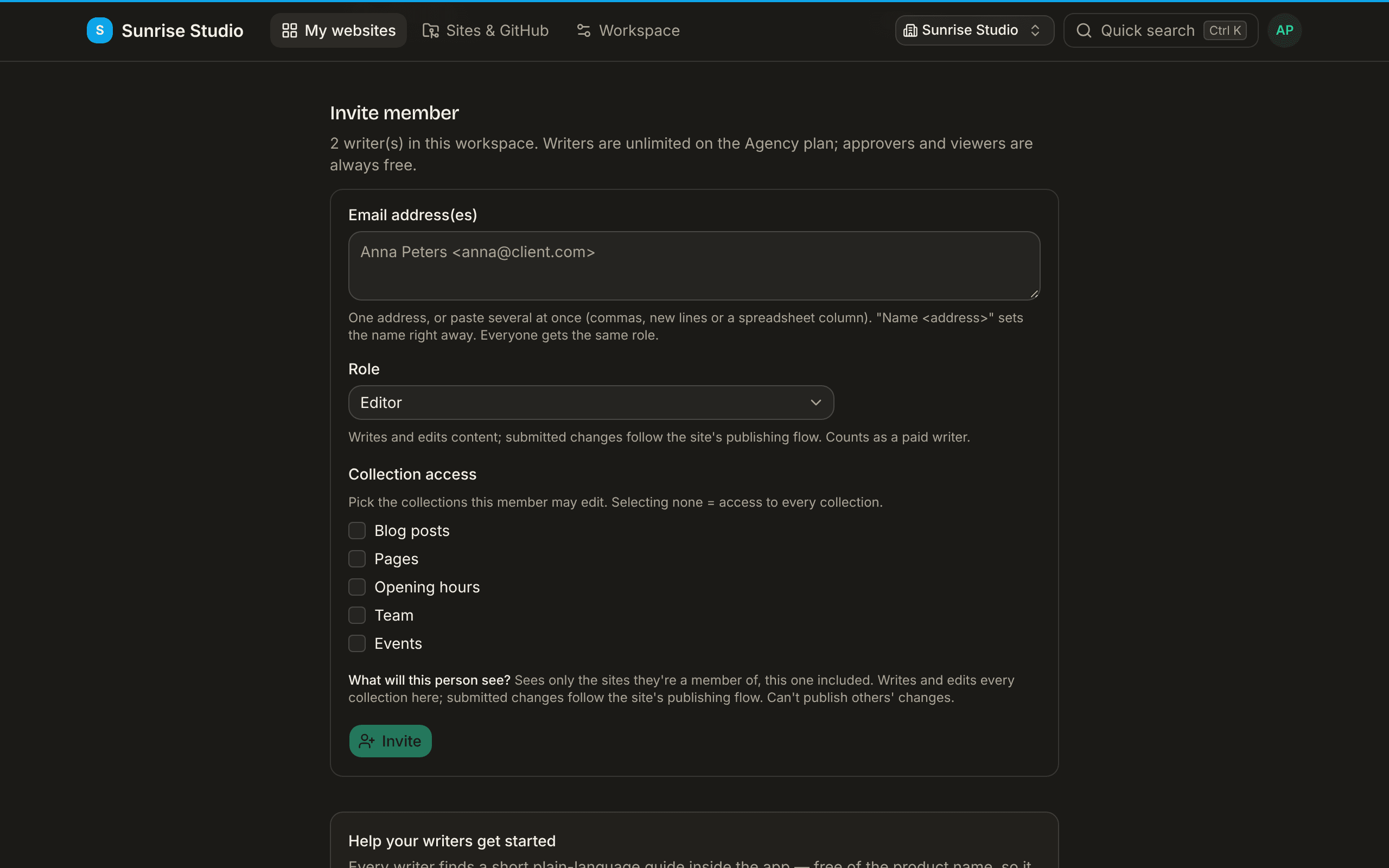 The Invite member form on a site's Members page: an Email address(es) box that accepts one or many addresses, a Role dropdown set to Editor with its explanation, Collection access checkboxes for Blog posts, Pages, Opening hours, Team and Events, a “What will this person see?” summary and an Invite button