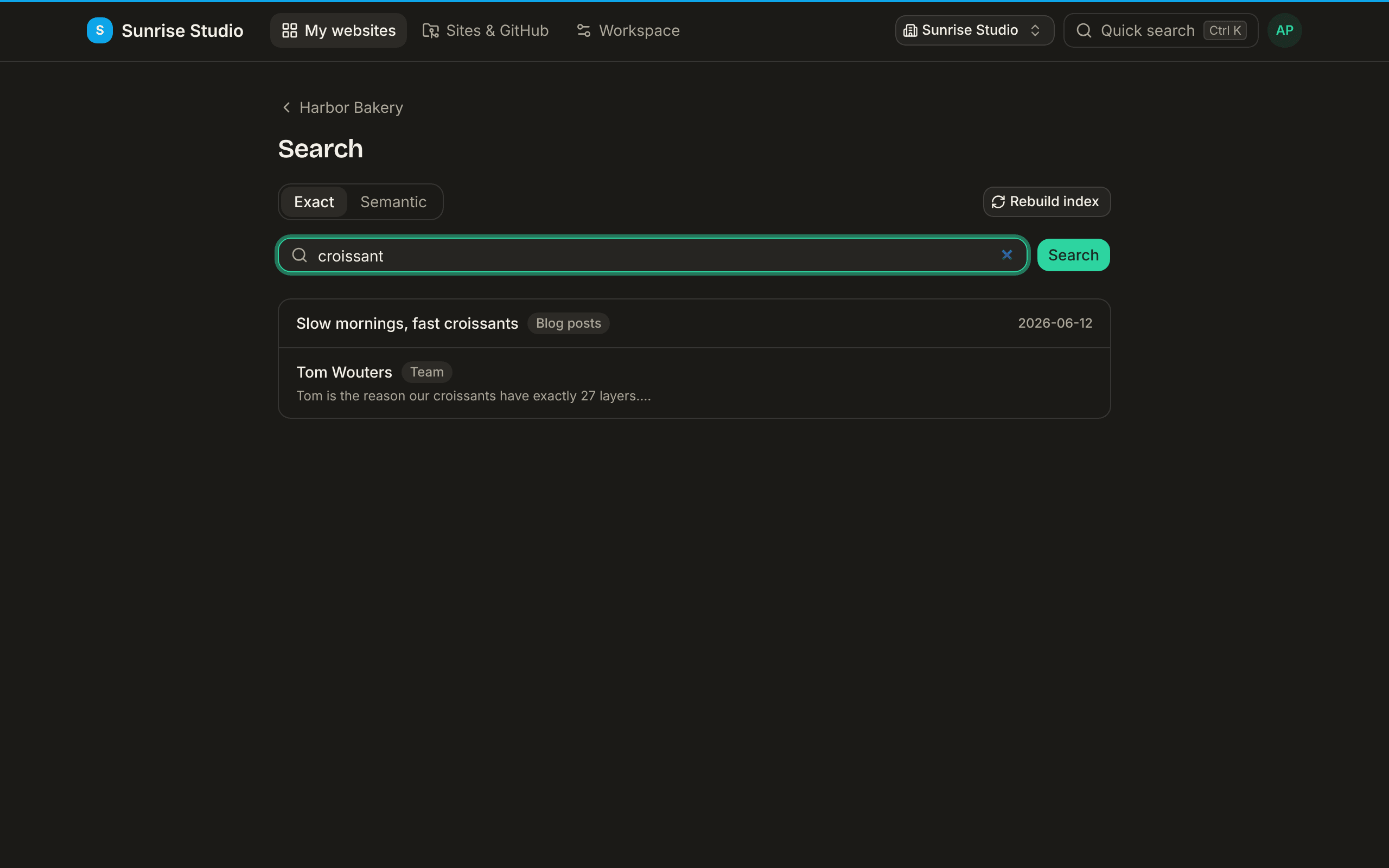 The site search page with Exact mode selected and the query “croissant”: two results, a blog post with its date and a team member whose bio mentions croissants, each labelled with its collection