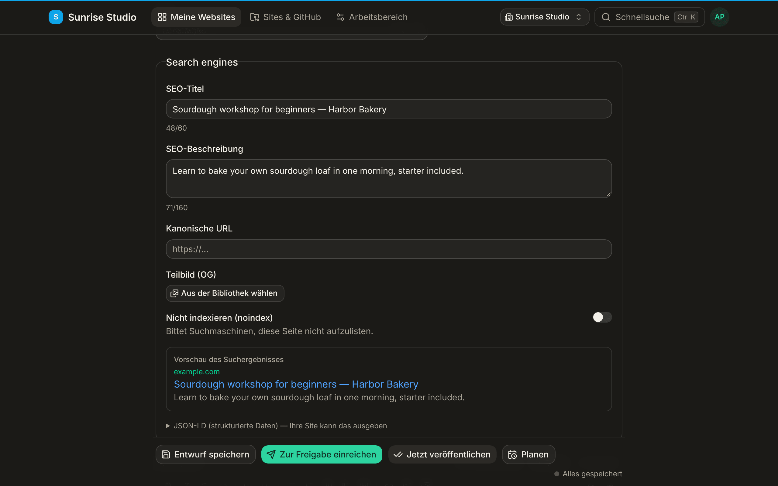 Der Block Search engines eines Eintrags: SEO-Titel und SEO-Beschreibung mit Zeichenzählern, Kanonische URL, Teilbild (OG) mit Aus der Bibliothek wählen, ein Schalter Nicht indexieren und eine Vorschau des Suchergebnisses, die zeigt, wie die Seite in Google erscheint