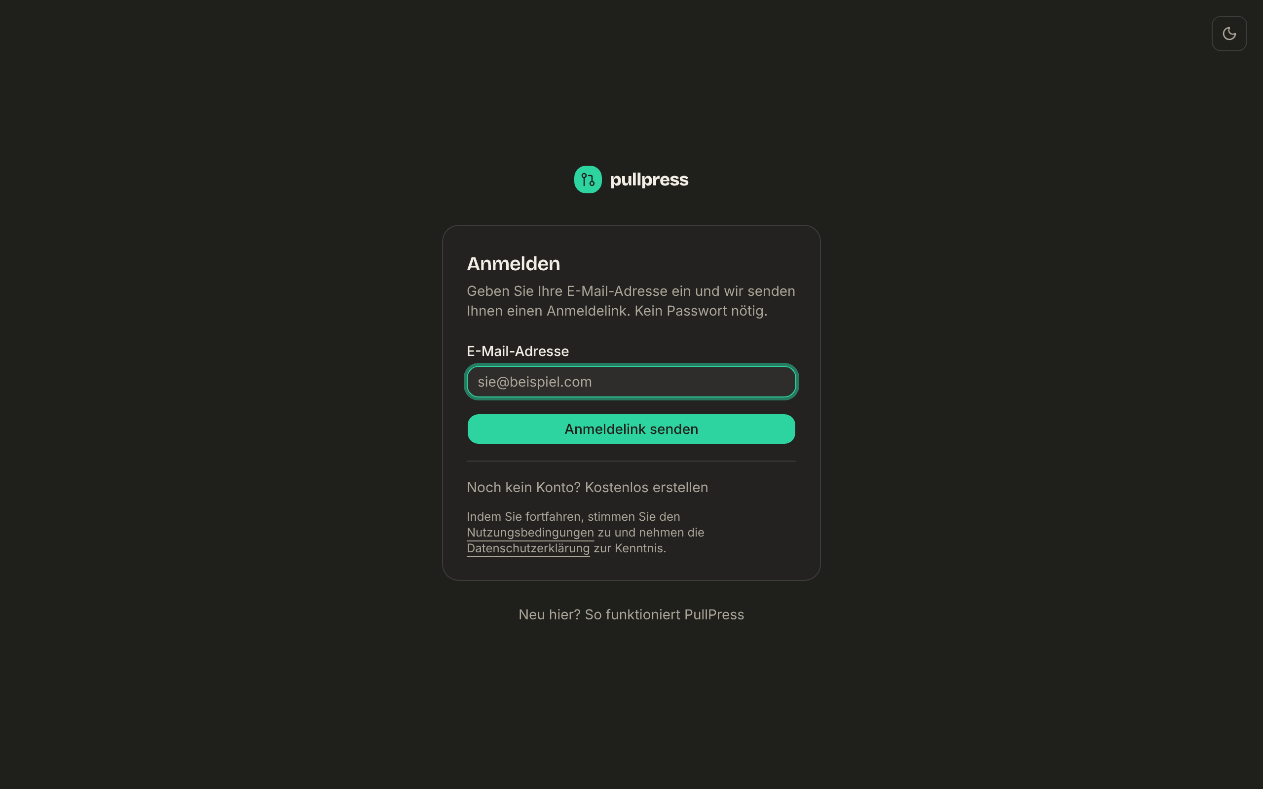 Die Anmeldeseite von PullPress: ein einziges E-Mail-Feld und eine Schaltfläche, die einen Anmeldelink verschickt