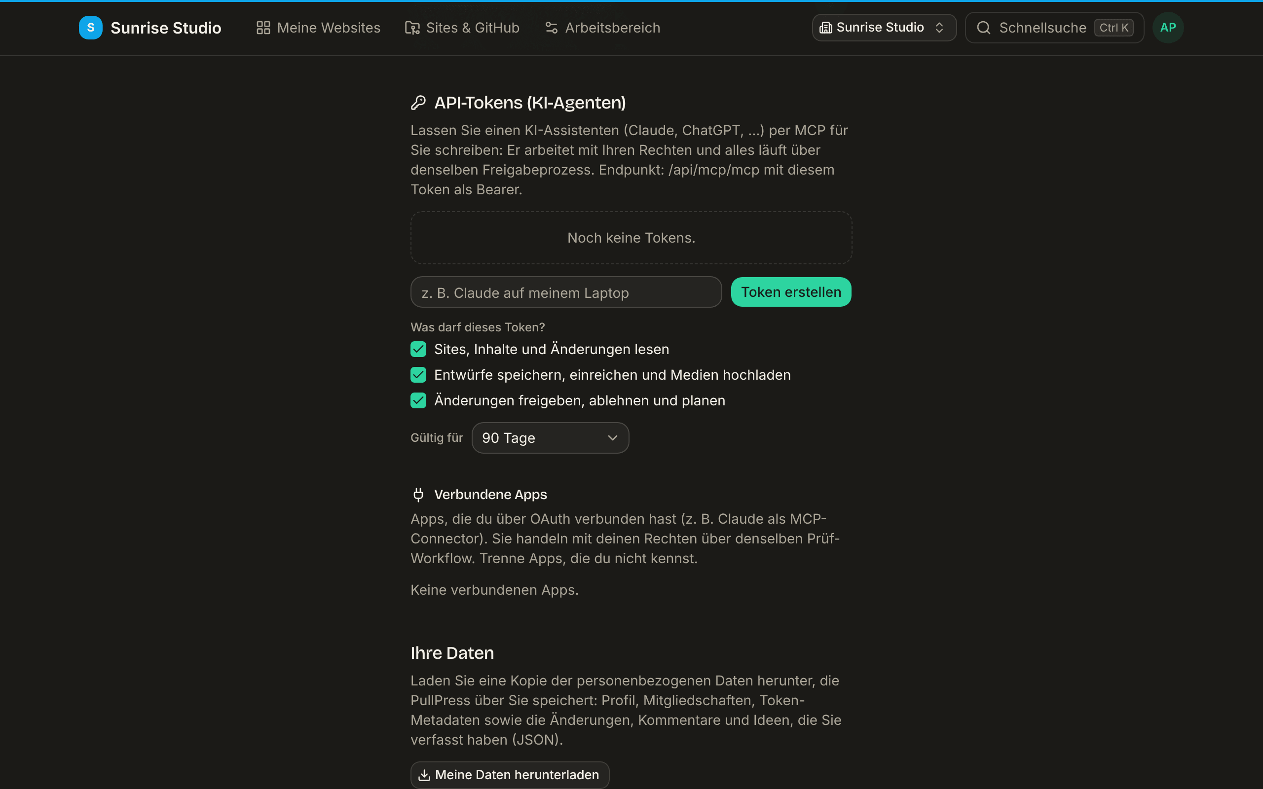 Der Bereich API-Tokens (KI-Agenten) im Profil: eine Erklärung zum MCP-Endpunkt, eine leere Token-Liste, ein Namensfeld mit der Schaltfläche Token erstellen, drei Kästchen für Rechte (lesen; Entwürfe speichern, einreichen und Medien hochladen; freigeben, ablehnen und planen), eine Auswahl Gültig für mit 90 Tagen und darunter die Liste Verbundene Apps