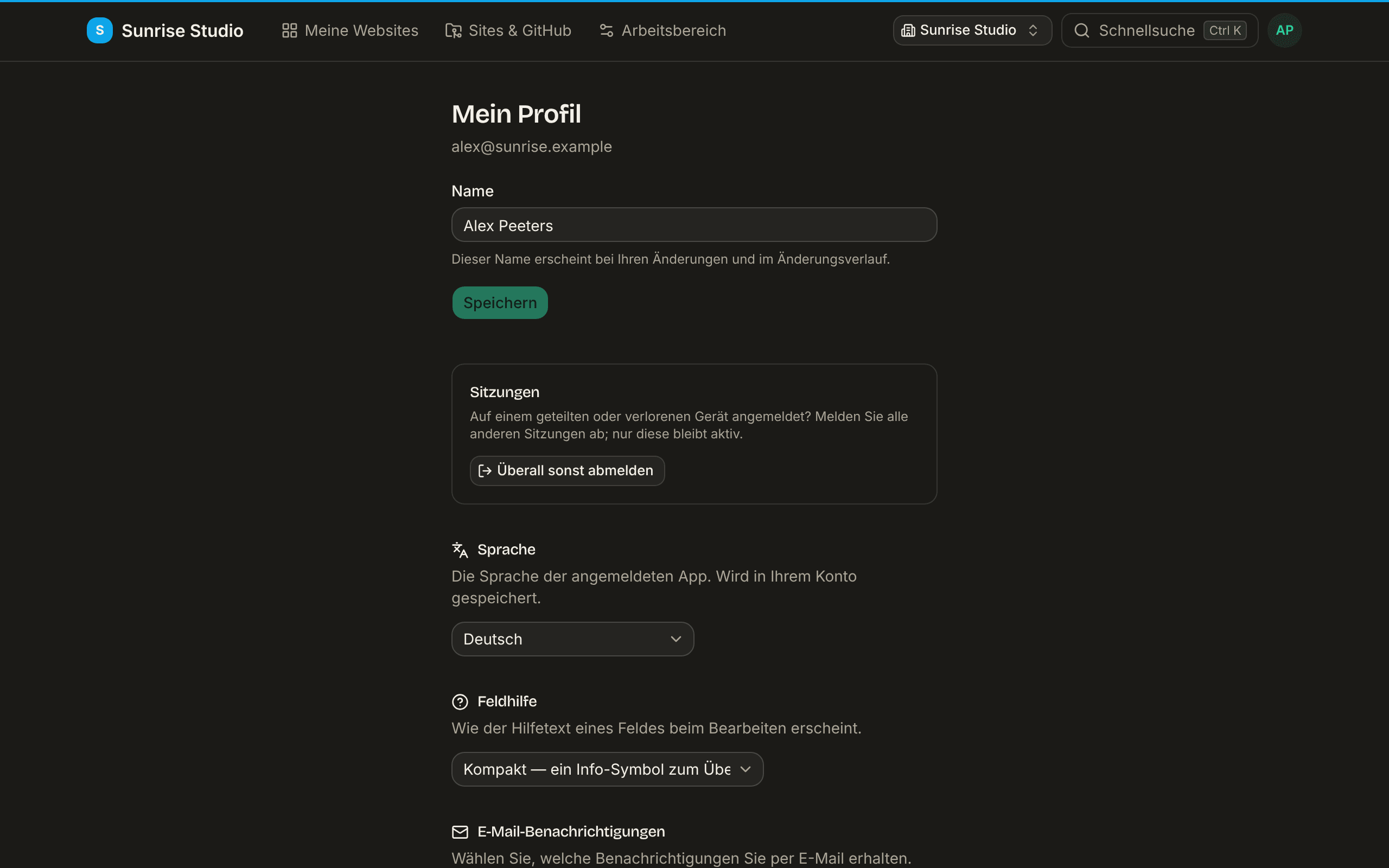 Die Seite Mein Profil: ein Feld Name mit Speichern, ein Kasten Sitzungen mit Überall sonst abmelden, eine Auswahl Sprache auf Deutsch und eine Auswahl Feldhilfe