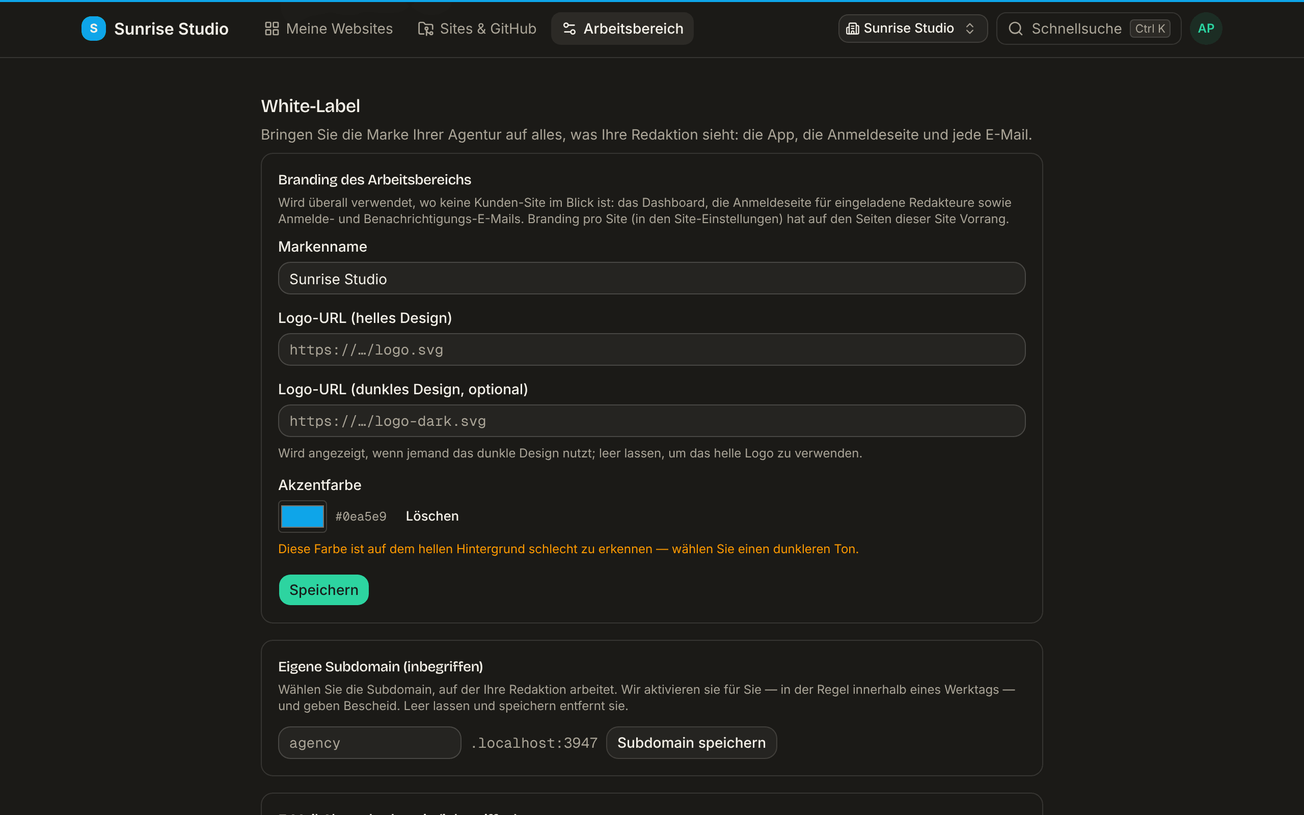Arbeitsbereich-Einstellungen → White-Label: Felder für das Branding des Arbeitsbereichs (Markenname, URLs für helles und dunkles Logo) unter der Mitgliederliste des Arbeitsbereichs