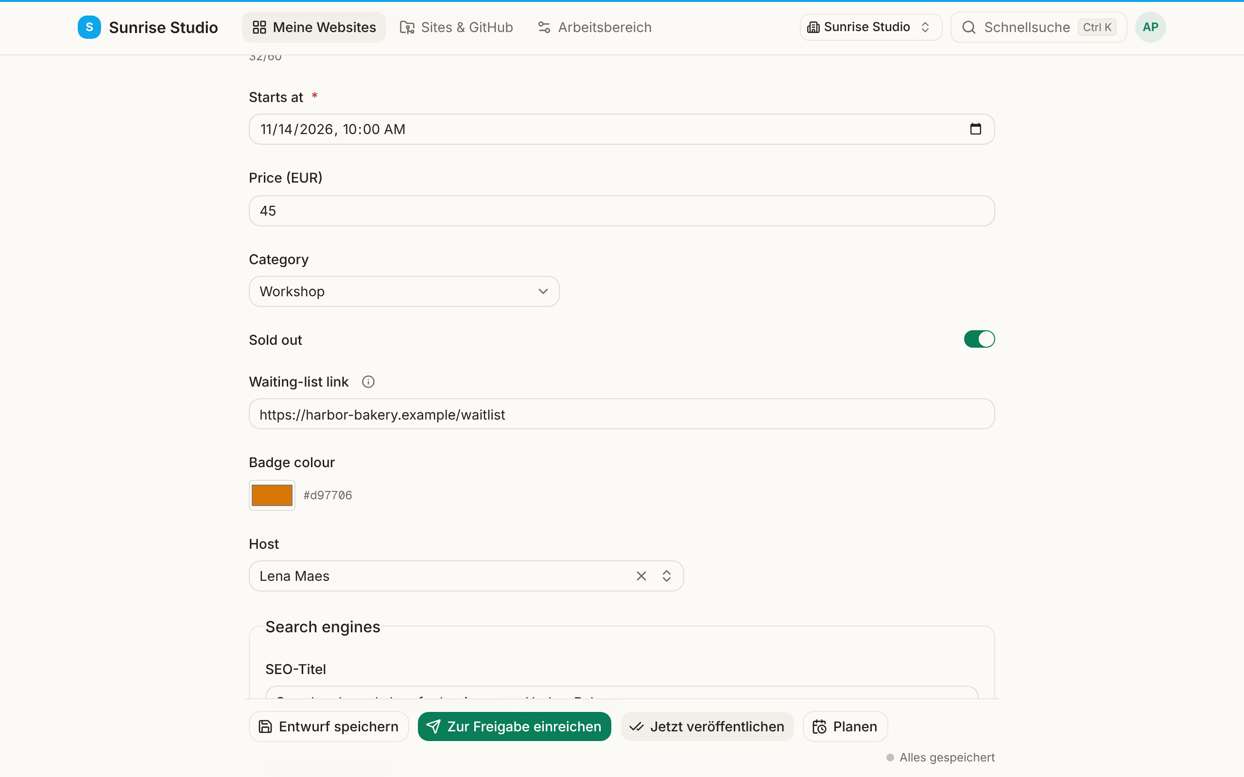 Ein Veranstaltungseintrag mit strukturierten Feldern: eine Datums- und Zeitauswahl Starts at, eine Zahl Price (EUR), eine Auswahl Category auf Workshop, ein eingeschalteter Schalter Sold out und ein Feld Waiting-list link, das erscheint, weil die Veranstaltung ausverkauft ist