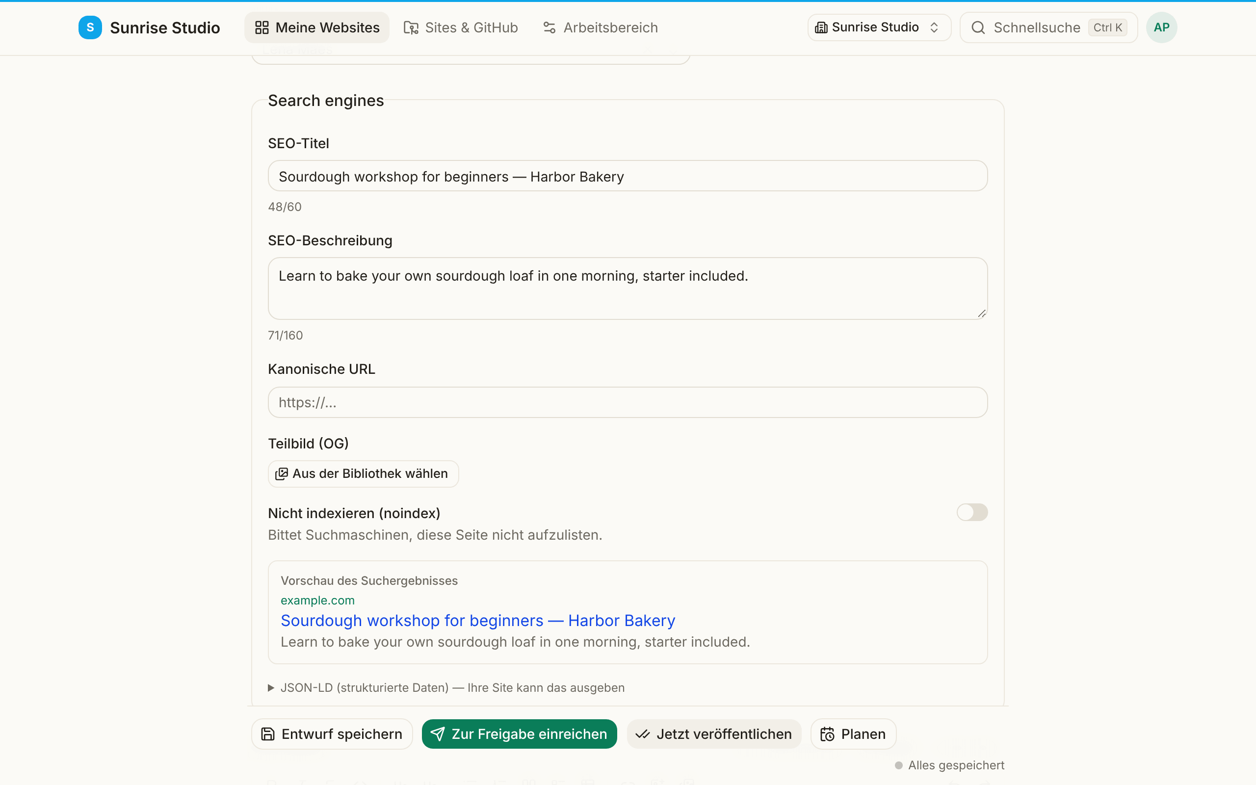 Der Block Search engines eines Eintrags: SEO-Titel und SEO-Beschreibung mit Zeichenzählern, Kanonische URL, Teilbild (OG) mit Aus der Bibliothek wählen, ein Schalter Nicht indexieren und eine Vorschau des Suchergebnisses, die zeigt, wie die Seite in Google erscheint