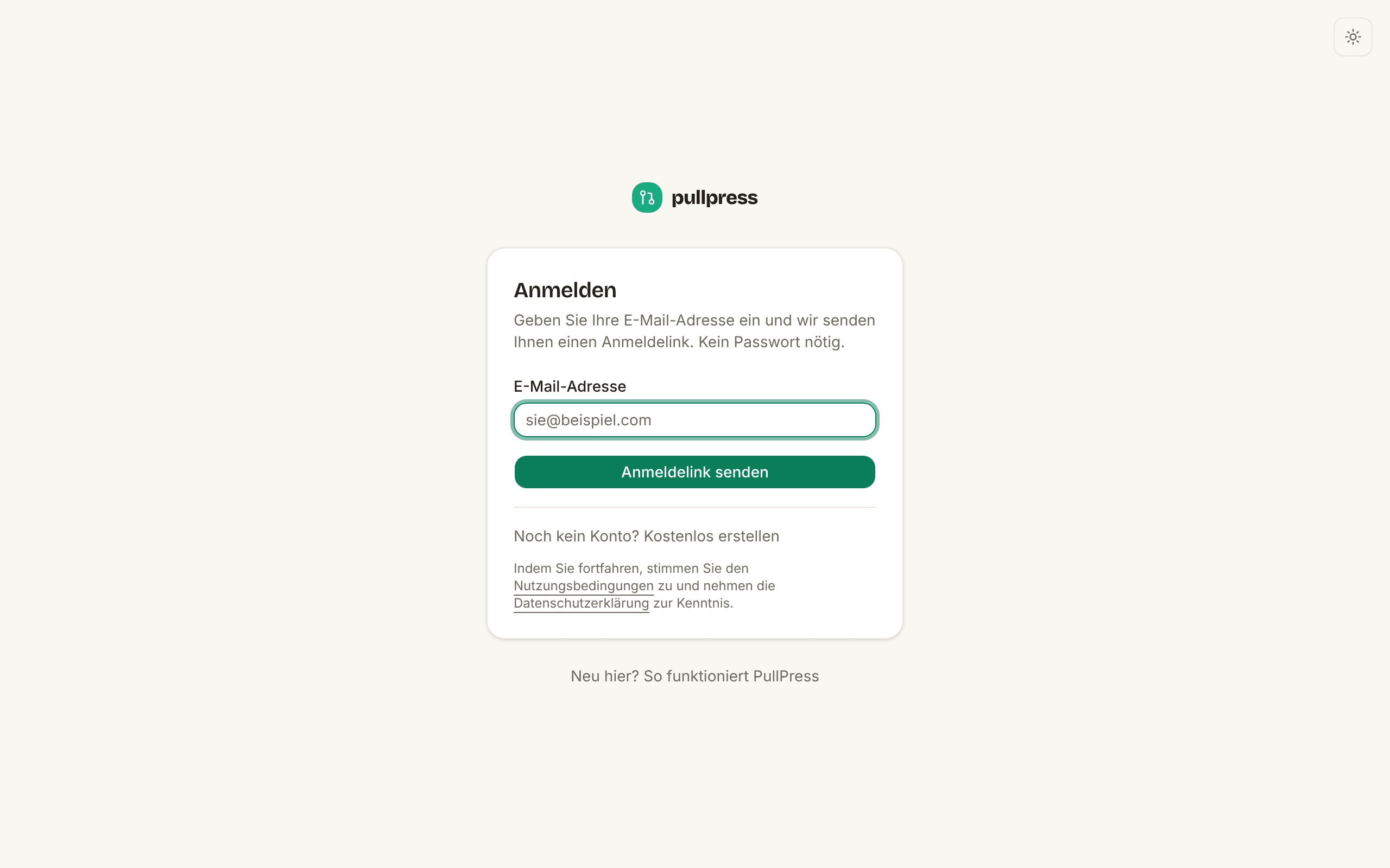 Die Anmeldeseite von PullPress: ein einziges E-Mail-Feld und eine Schaltfläche, die einen Anmeldelink verschickt
