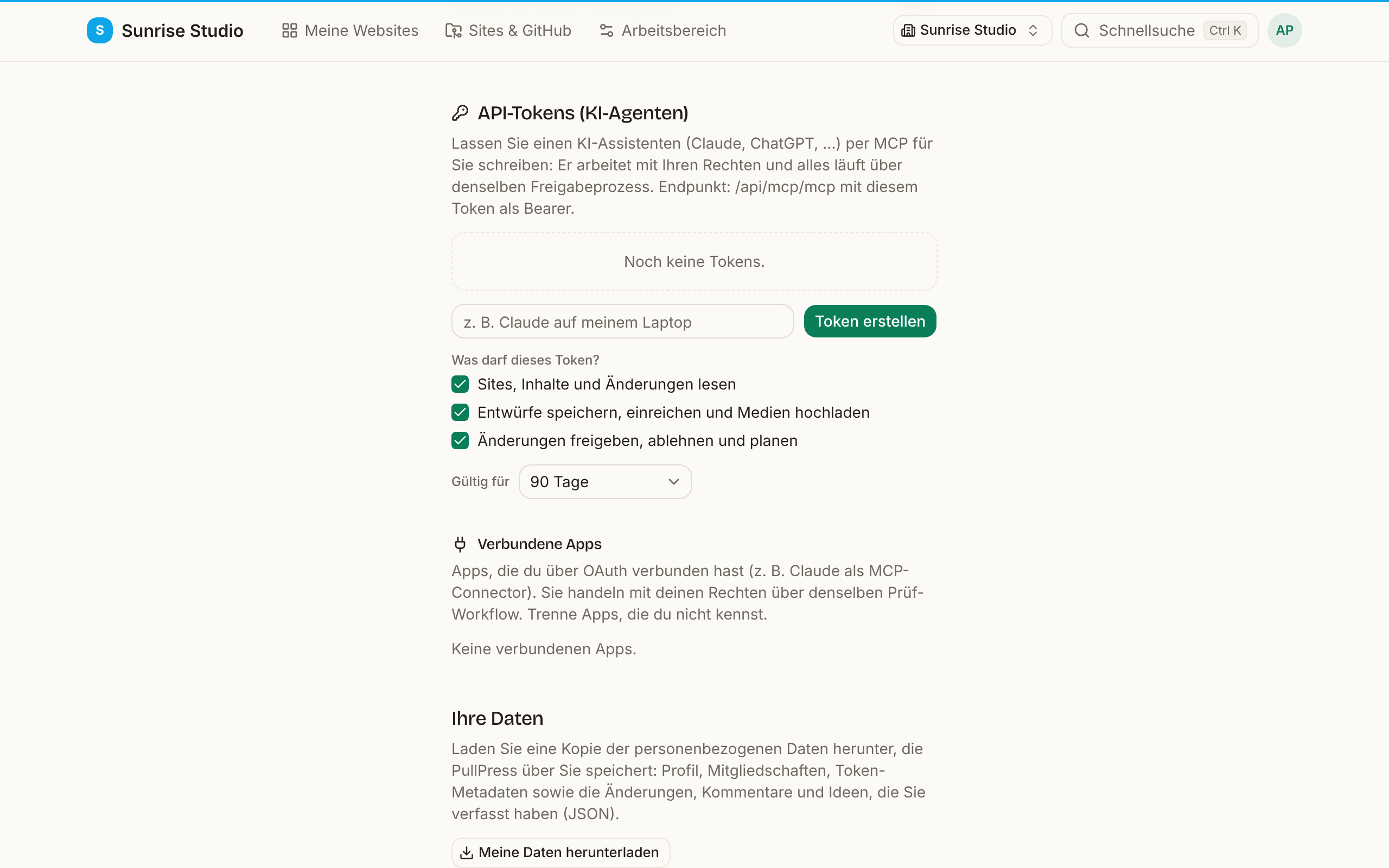 Der Bereich API-Tokens (KI-Agenten) im Profil: eine Erklärung zum MCP-Endpunkt, eine leere Token-Liste, ein Namensfeld mit der Schaltfläche Token erstellen, drei Kästchen für Rechte (lesen; Entwürfe speichern, einreichen und Medien hochladen; freigeben, ablehnen und planen), eine Auswahl Gültig für mit 90 Tagen und darunter die Liste Verbundene Apps