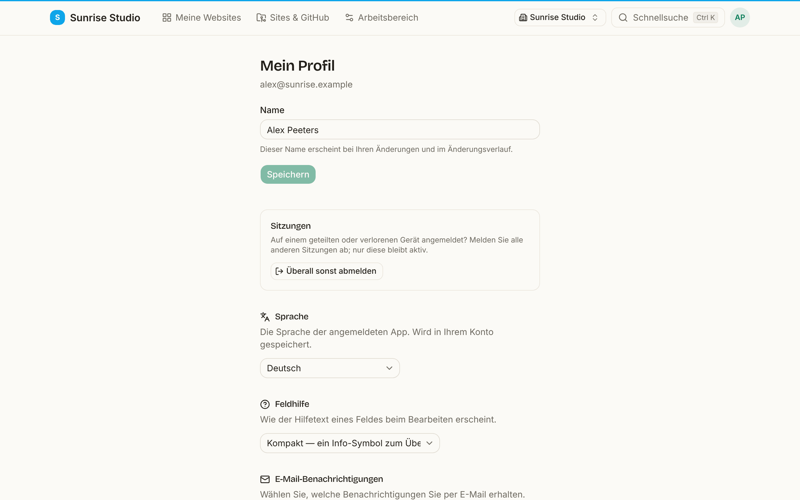 Die Seite Mein Profil: ein Feld Name mit Speichern, ein Kasten Sitzungen mit Überall sonst abmelden, eine Auswahl Sprache auf Deutsch und eine Auswahl Feldhilfe