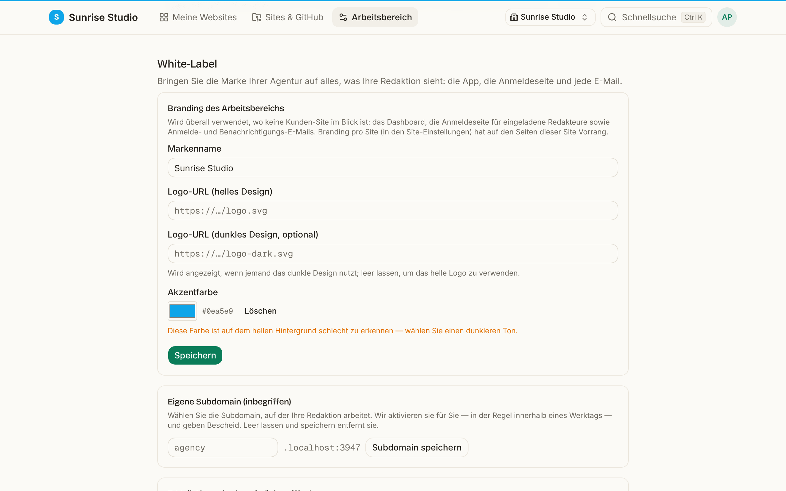 Arbeitsbereich-Einstellungen → White-Label: Felder für das Branding des Arbeitsbereichs (Markenname, URLs für helles und dunkles Logo) unter der Mitgliederliste des Arbeitsbereichs