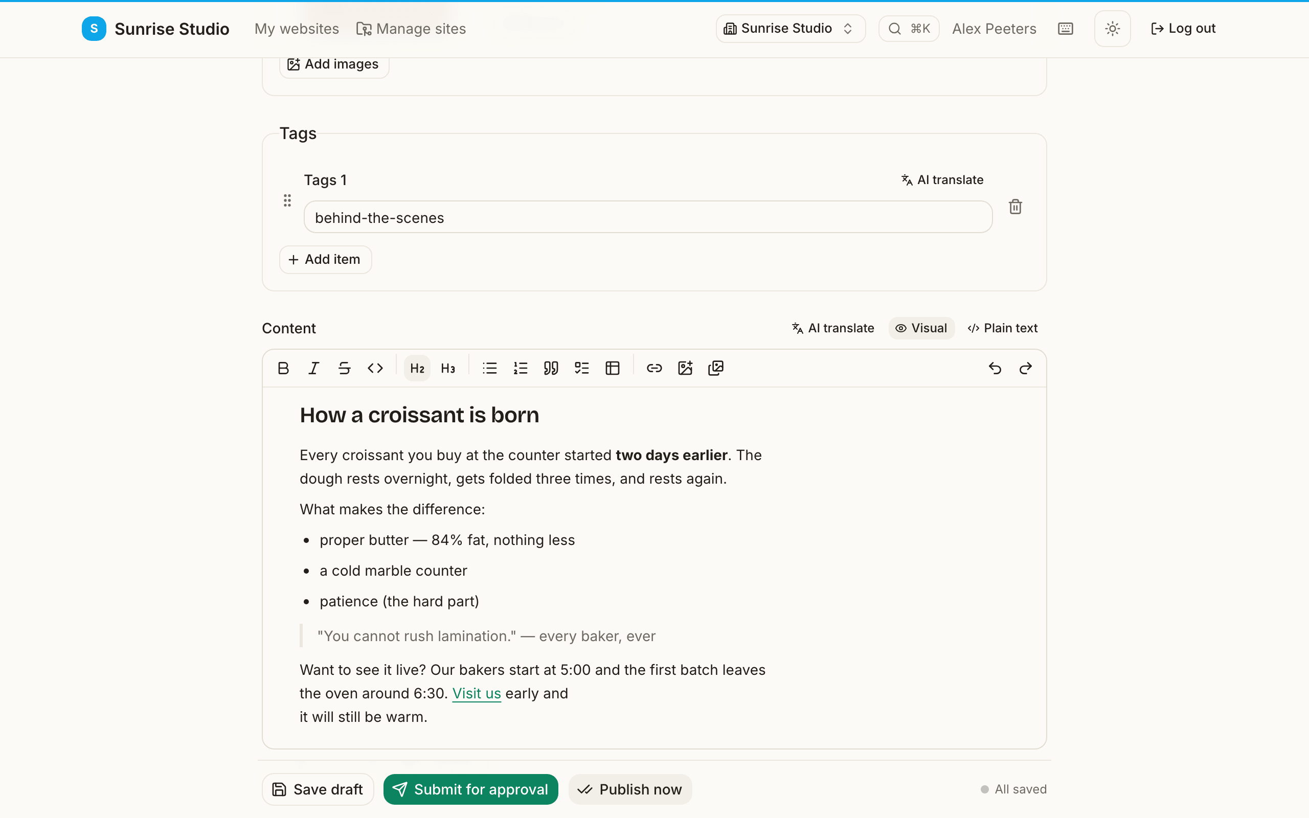 The Content field with its formatting toolbar (bold, italic, headings, lists, quote, table, link, image), the Visual / Plain text toggle, and a formatted article with a heading, bold text, a bullet list and a quote