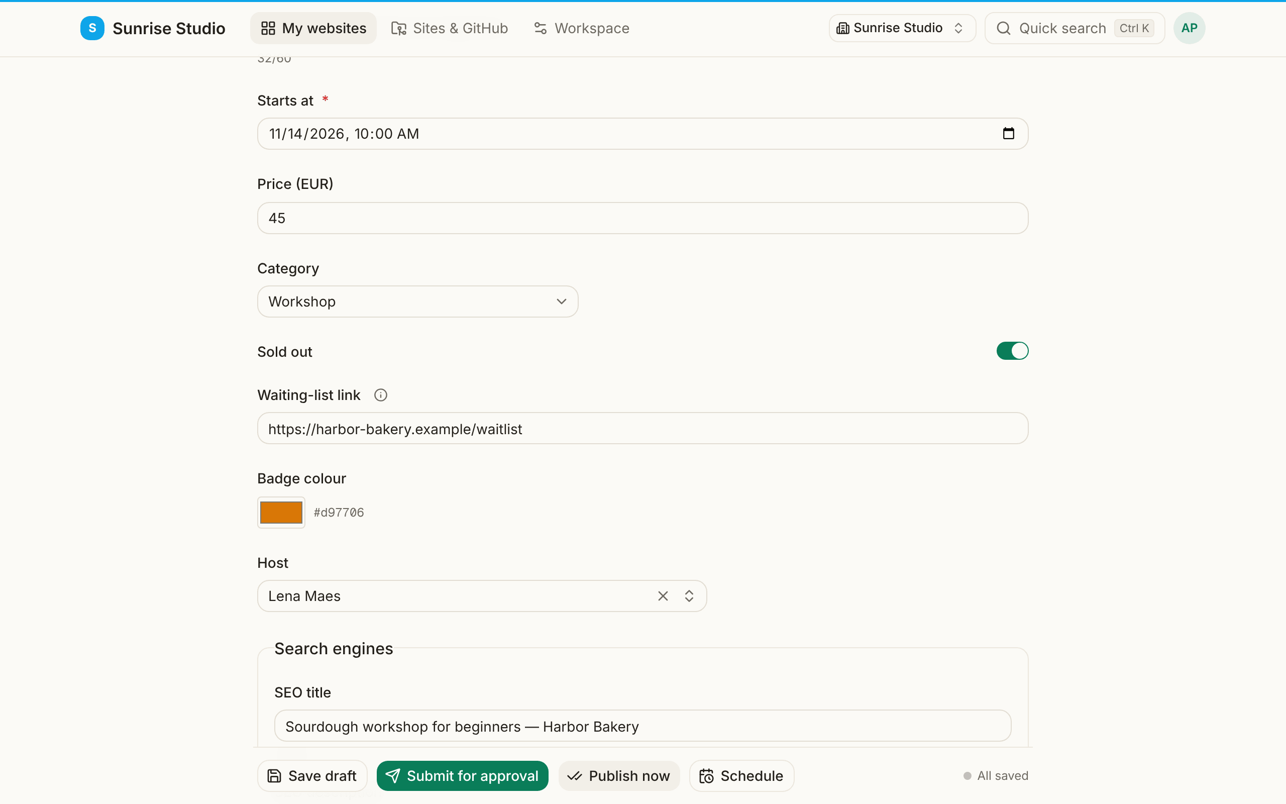 An event entry with structured fields: a Starts at date-and-time picker, a Price (EUR) number, a Category dropdown set to Workshop, a Sold out switch turned on and a Waiting-list link field that appears because the event is sold out