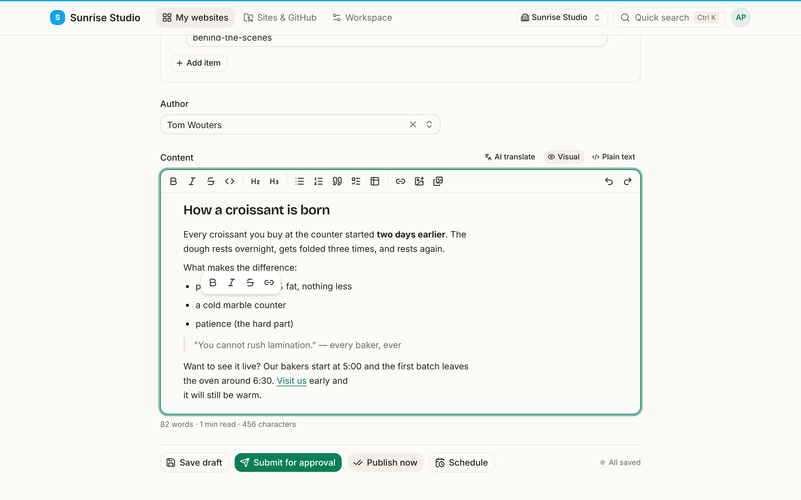 A selected phrase in a bullet list with a small floating toolbar above it offering bold, italic, strikethrough and link