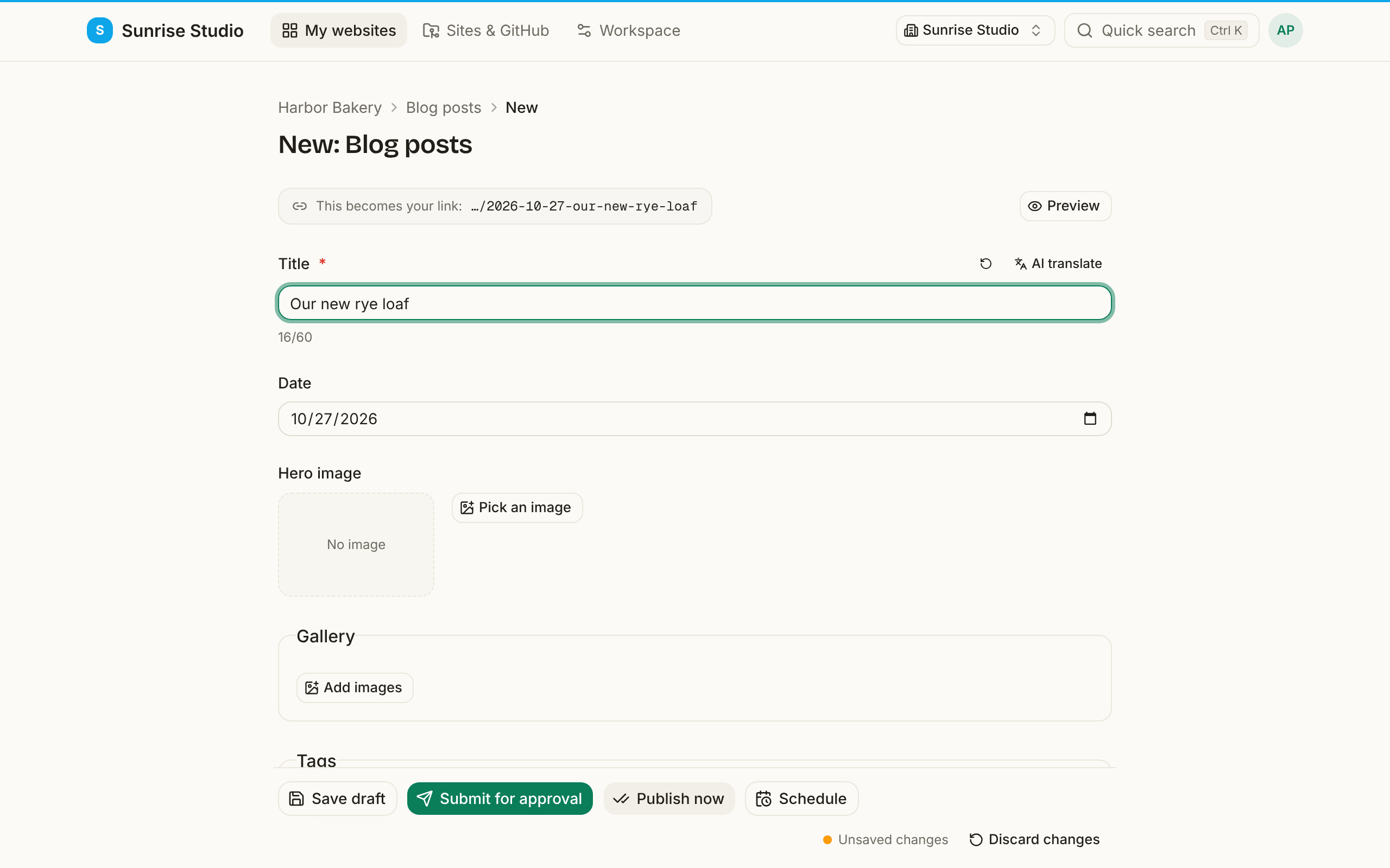 A new blog post form with the title “Our new rye loaf” typed in and, above it, the notice “This becomes your link: …/2026-10-27-our-new-rye-loaf”