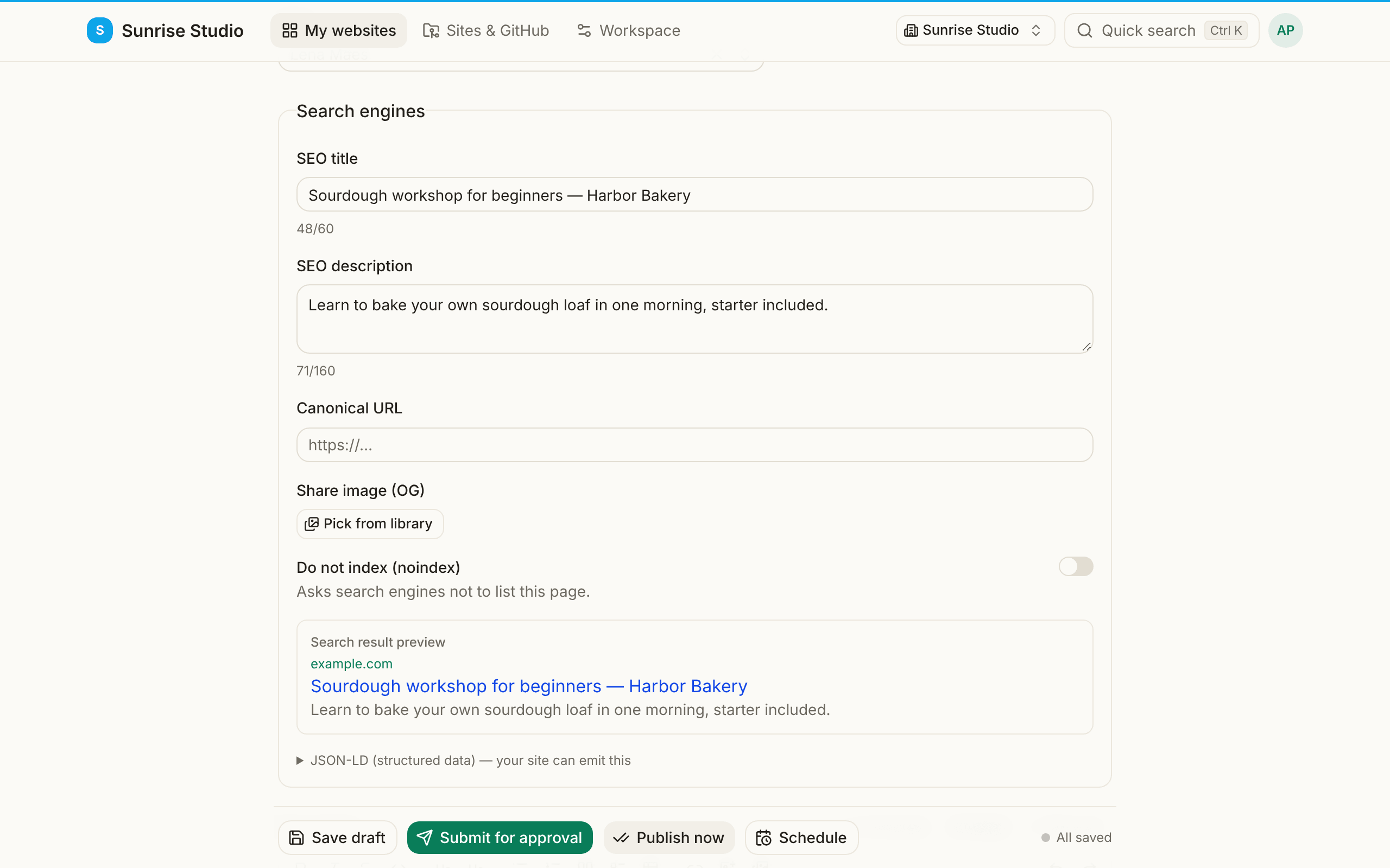 The Search engines block of an entry: SEO title and SEO description with character counters, Canonical URL, Share image (OG) with Pick from library, a Do not index switch and a Search result preview showing how the page will appear in Google