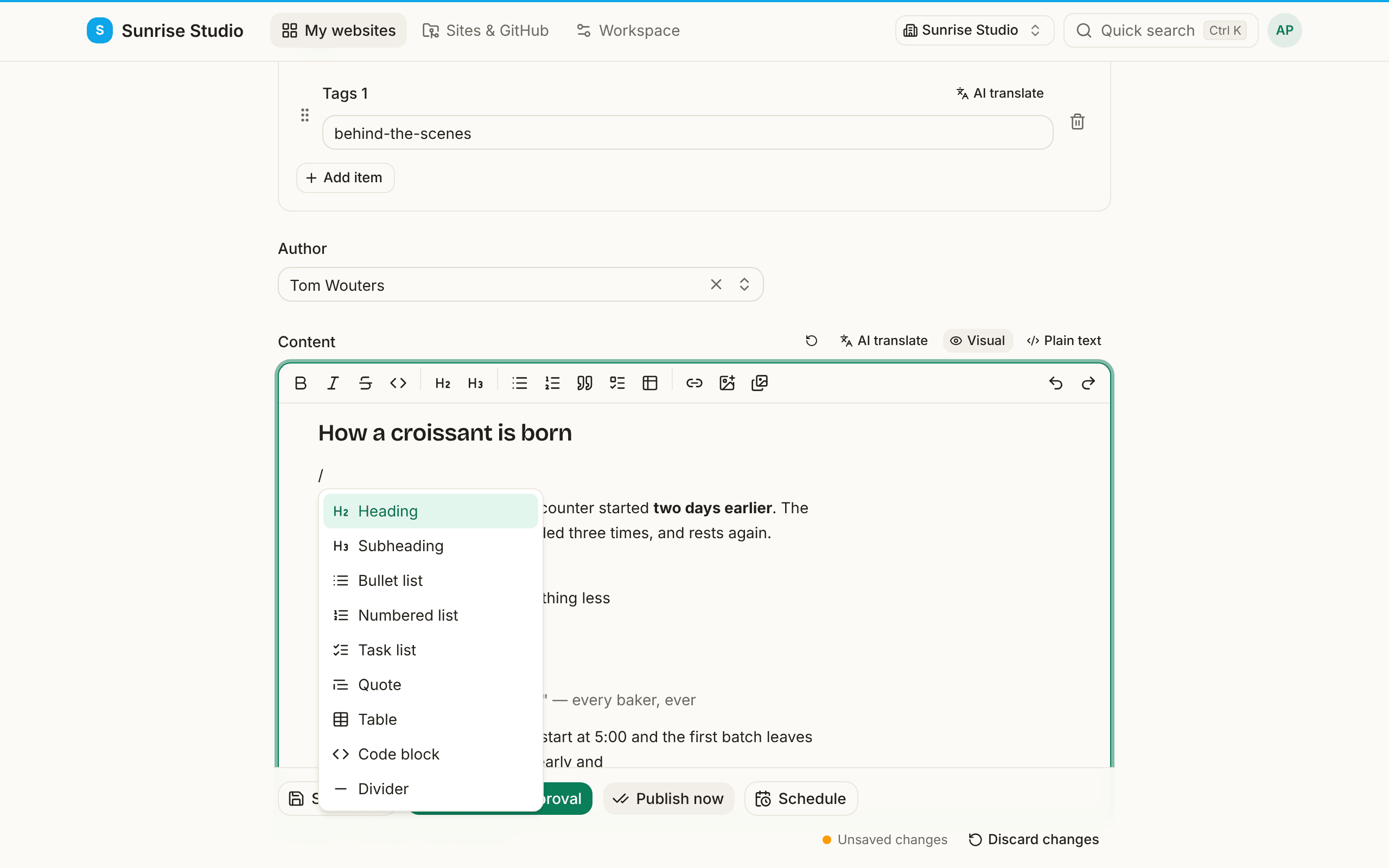 The Content editor with the slash menu open under a fresh line: Heading, Subheading, Bullet list, Numbered list, Task list, Quote, Table, Code block and Divider, each with an icon