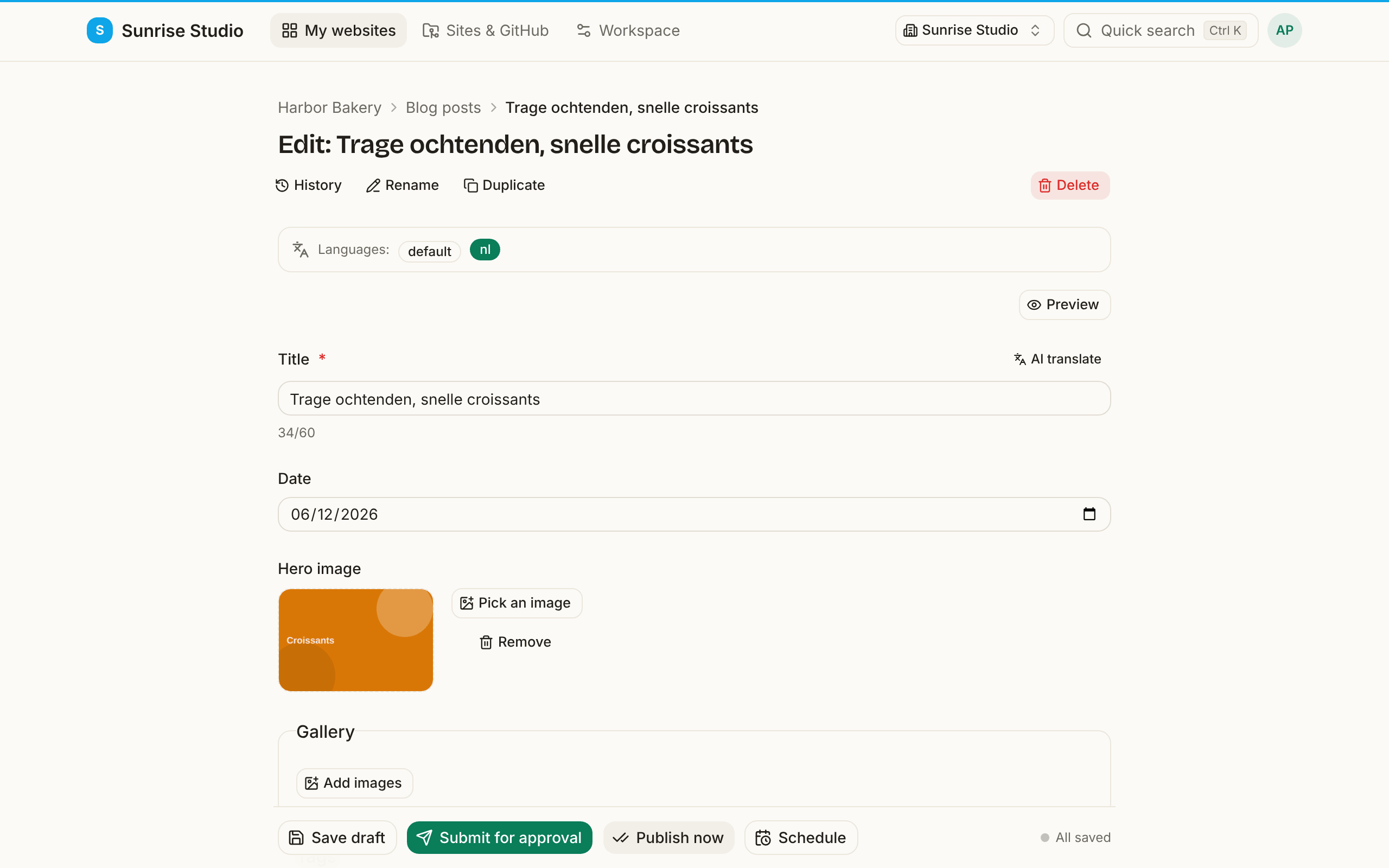 The Dutch translation of a blog post open in the editor: the Languages bar at the top shows “default” and a highlighted “nl”, and the title field reads “Trage ochtenden, snelle croissants” with an AI translate button