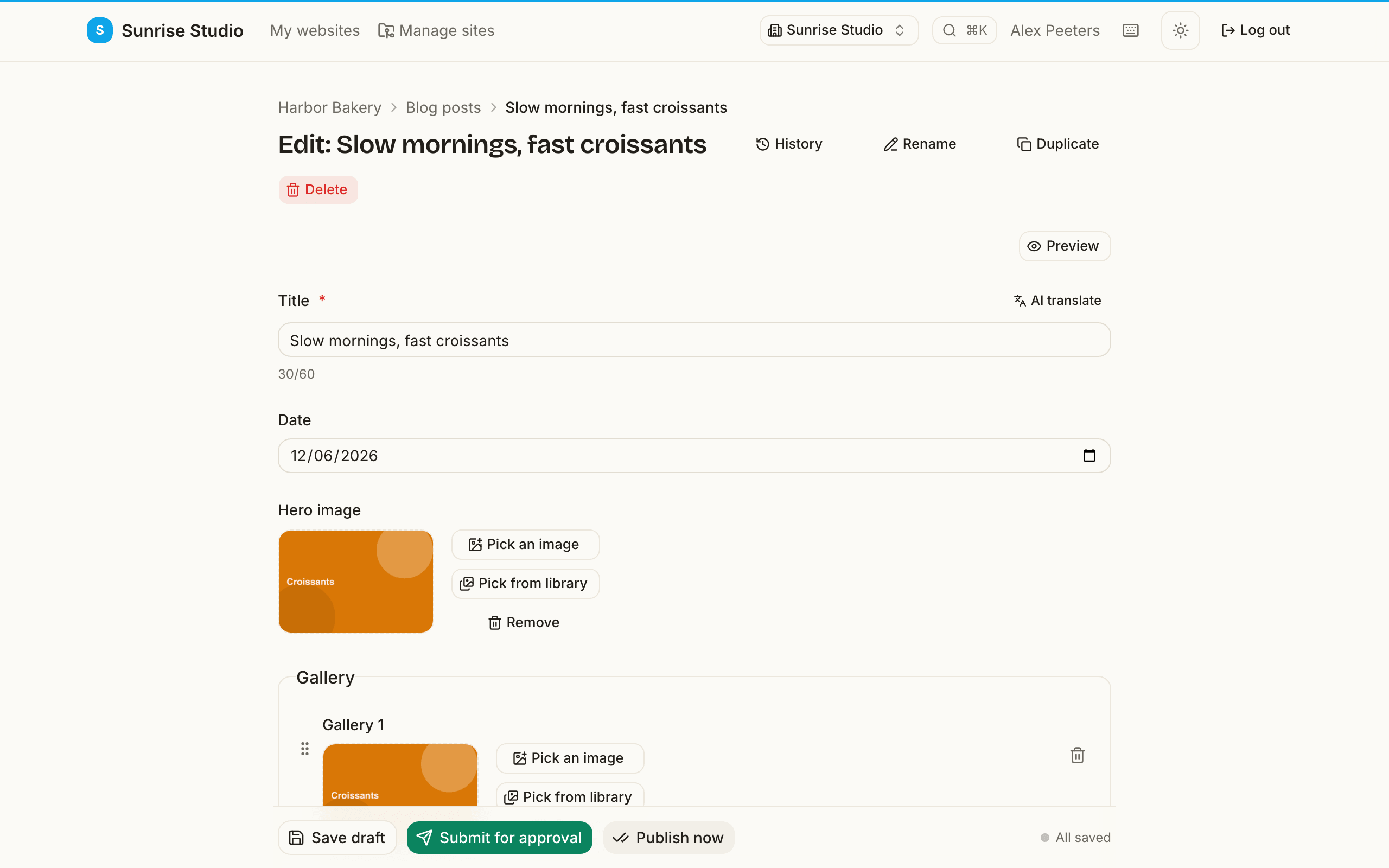 Editing a blog post: a form with a Title field with character counter, a Date field, a Hero image with Pick an image / Pick from library / Remove buttons, and Tags — with Save draft, Submit for approval and Publish now at the bottom
