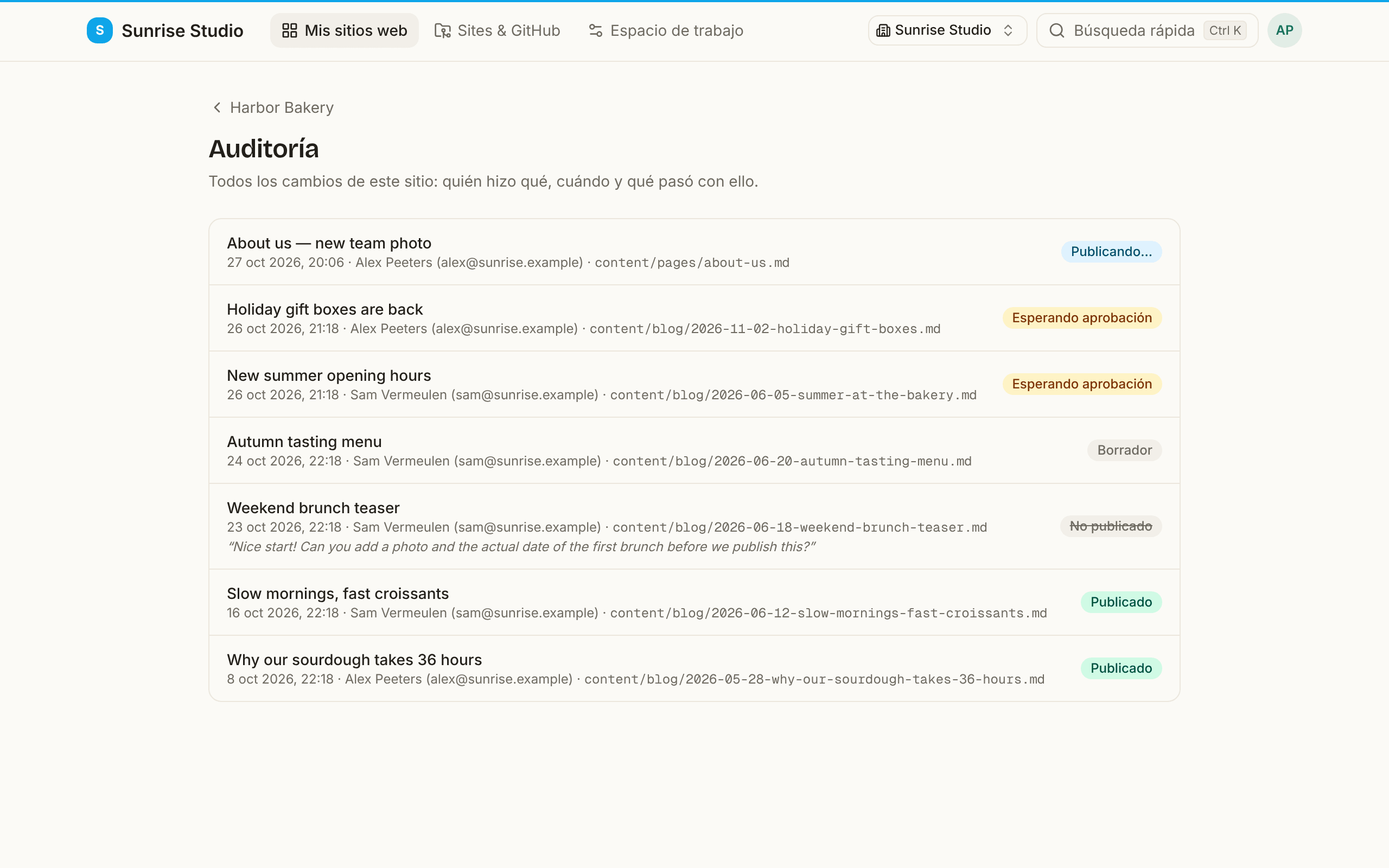 La página Auditoría de un sitio con cada cambio, su título, hora, autor y ruta de archivo, y una insignia de estado: Publicando…, Esperando aprobación, Borrador, No publicado (con la nota del revisor citada) y Publicado