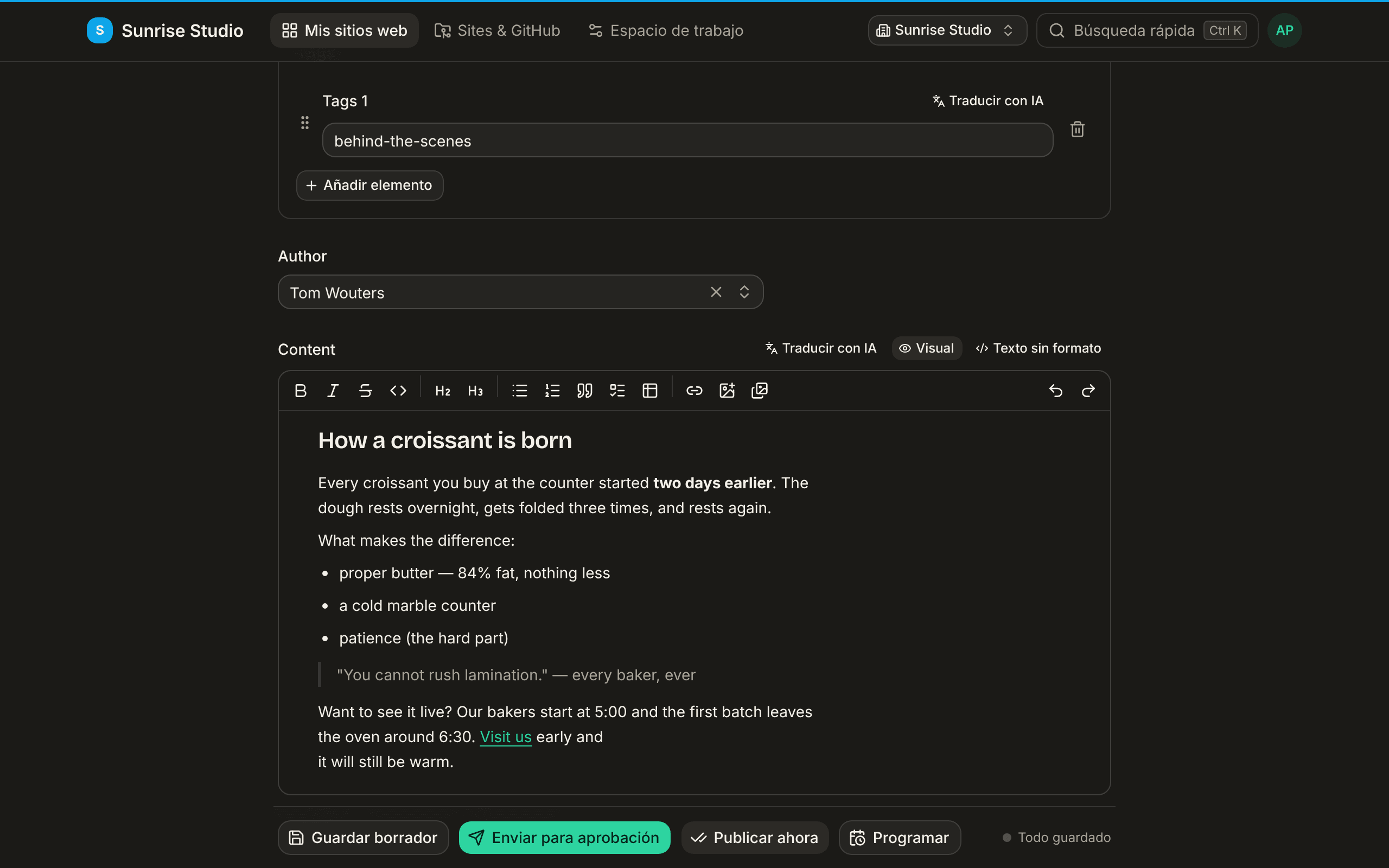 El campo Content con su barra de formato (negrita, cursiva, títulos, listas, cita, tabla, enlace, imagen), el selector Visual / Texto sin formato y un artículo con formato con un título, texto en negrita, una lista y una cita