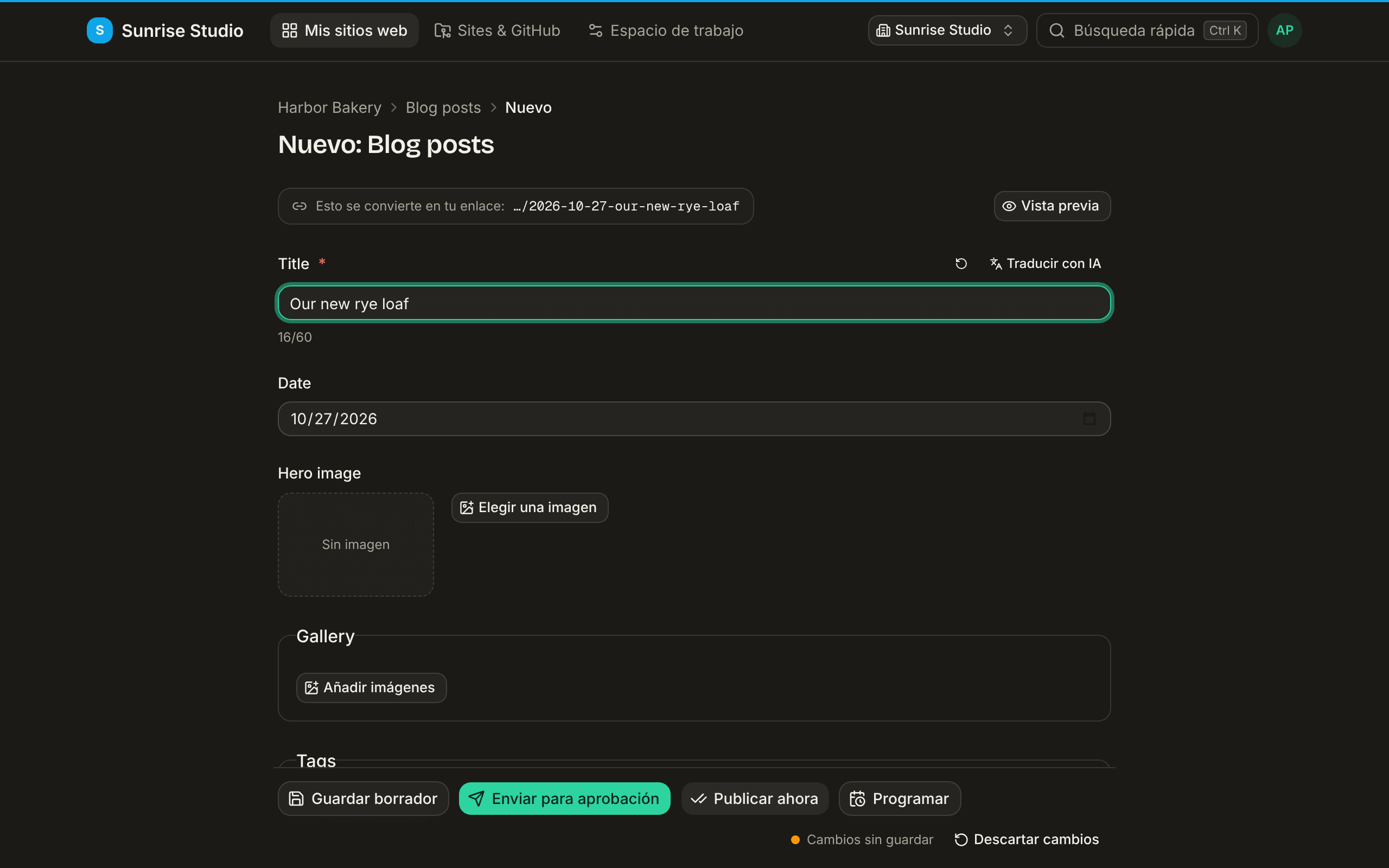 Un formulario de nueva entrada de blog con el título “Our new rye loaf” escrito y, encima, el aviso “Esto se convierte en tu enlace: …/2026-10-27-our-new-rye-loaf”