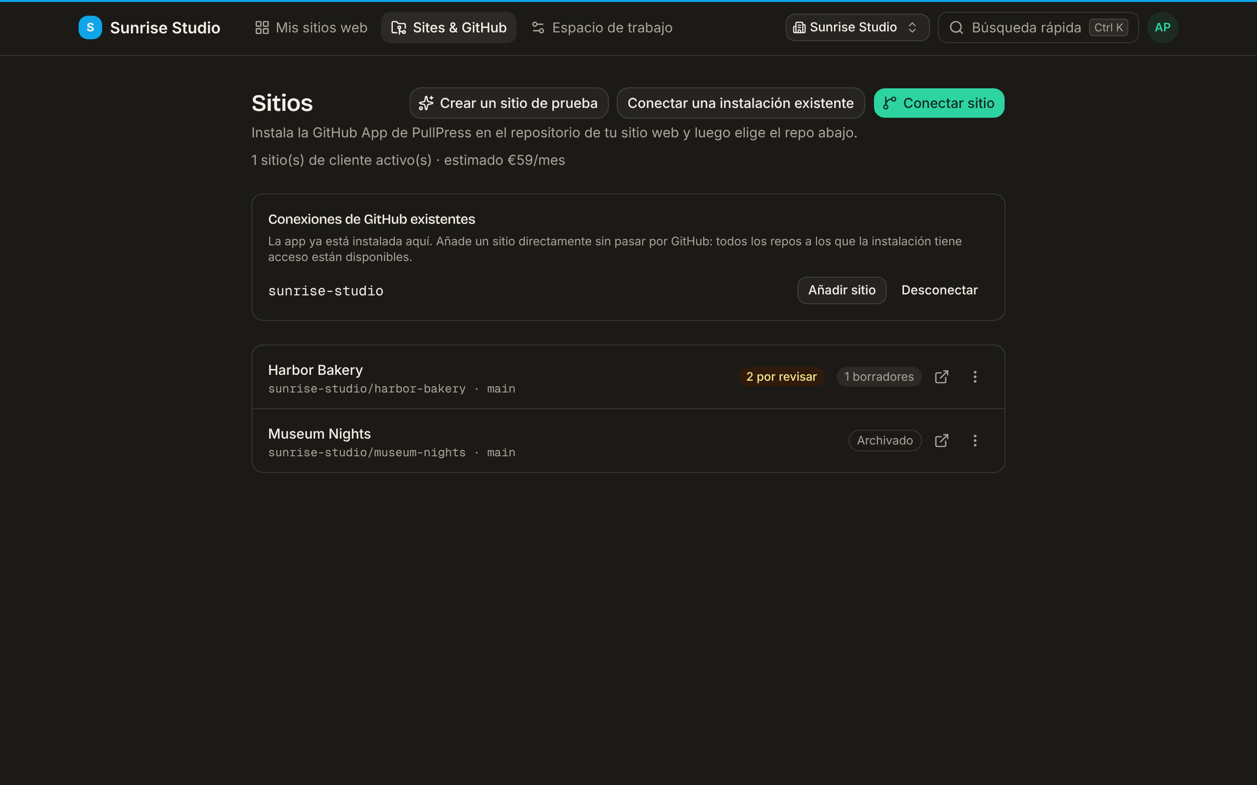 La página Sites & GitHub con una tarjeta Conexiones de GitHub existentes para la instalación sunrise-studio (Añadir sitio, Desconectar) sobre la lista de sitios conectados, más los botones Conectar una instalación existente y Conectar sitio