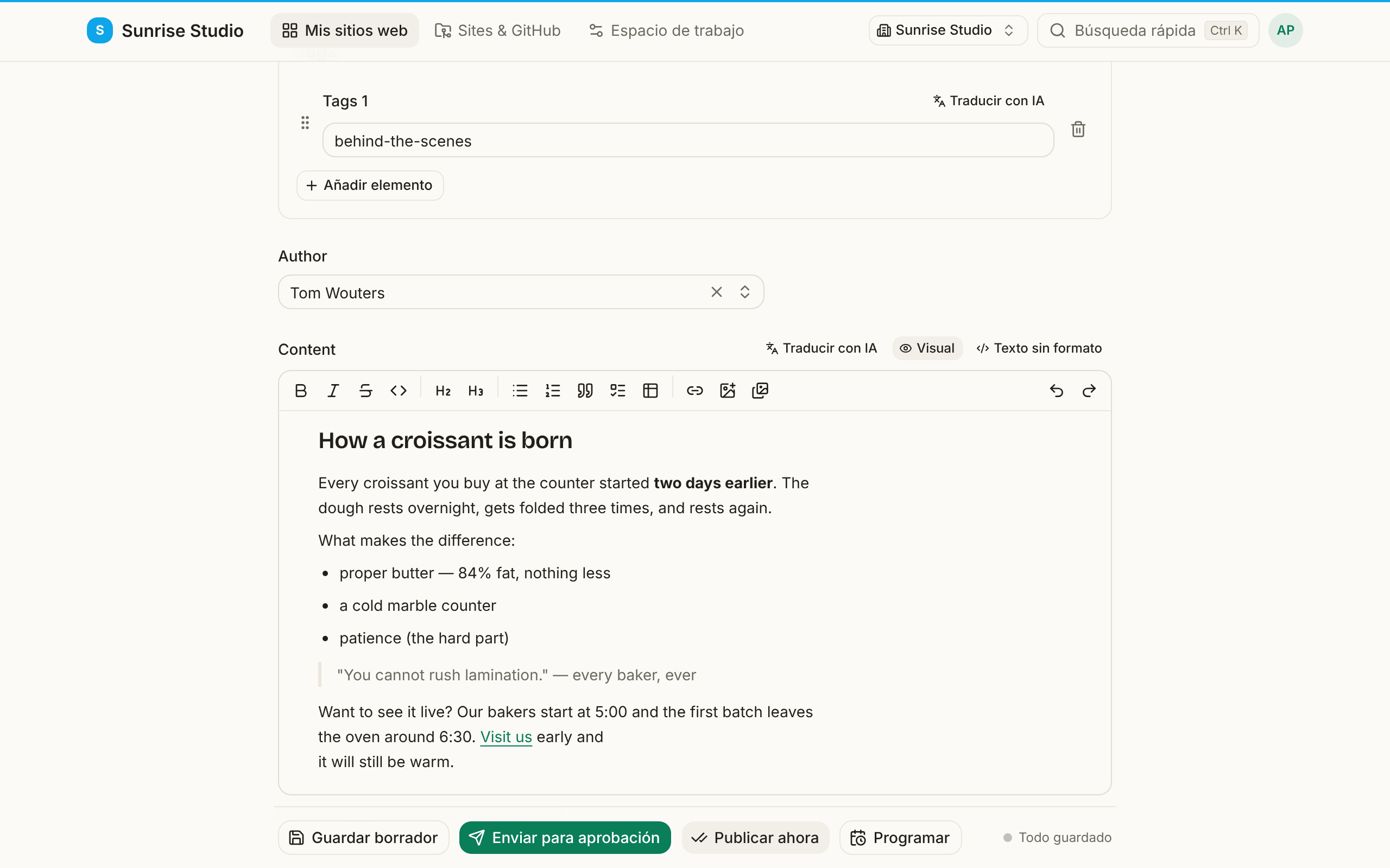 El campo Content con su barra de formato (negrita, cursiva, títulos, listas, cita, tabla, enlace, imagen), el selector Visual / Texto sin formato y un artículo con formato con un título, texto en negrita, una lista y una cita