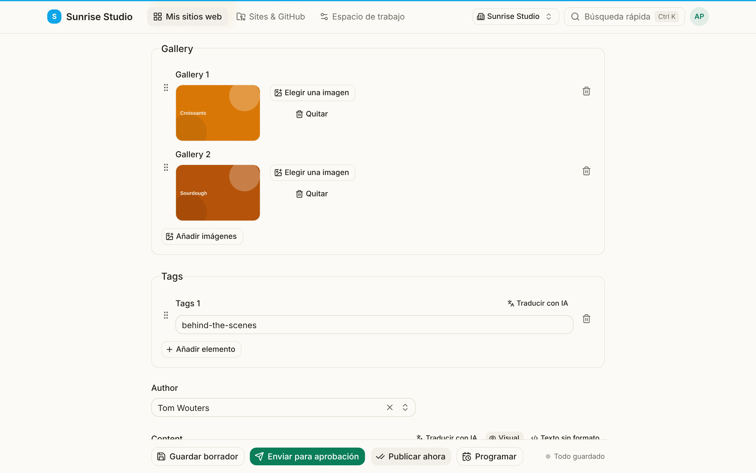 Un campo de galería de imágenes en el editor: una fila de miniaturas, cada una con un asa para arrastrar, y debajo un botón Añadir imágenes