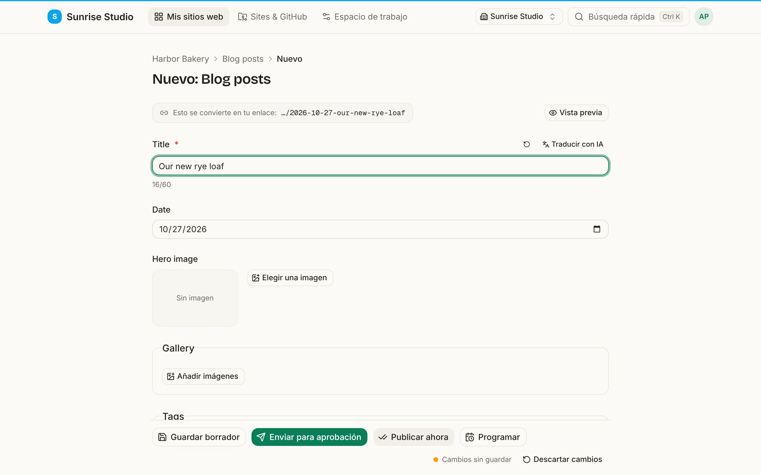 Un formulario de nueva entrada de blog con el título “Our new rye loaf” escrito y, encima, el aviso “Esto se convierte en tu enlace: …/2026-10-27-our-new-rye-loaf”
