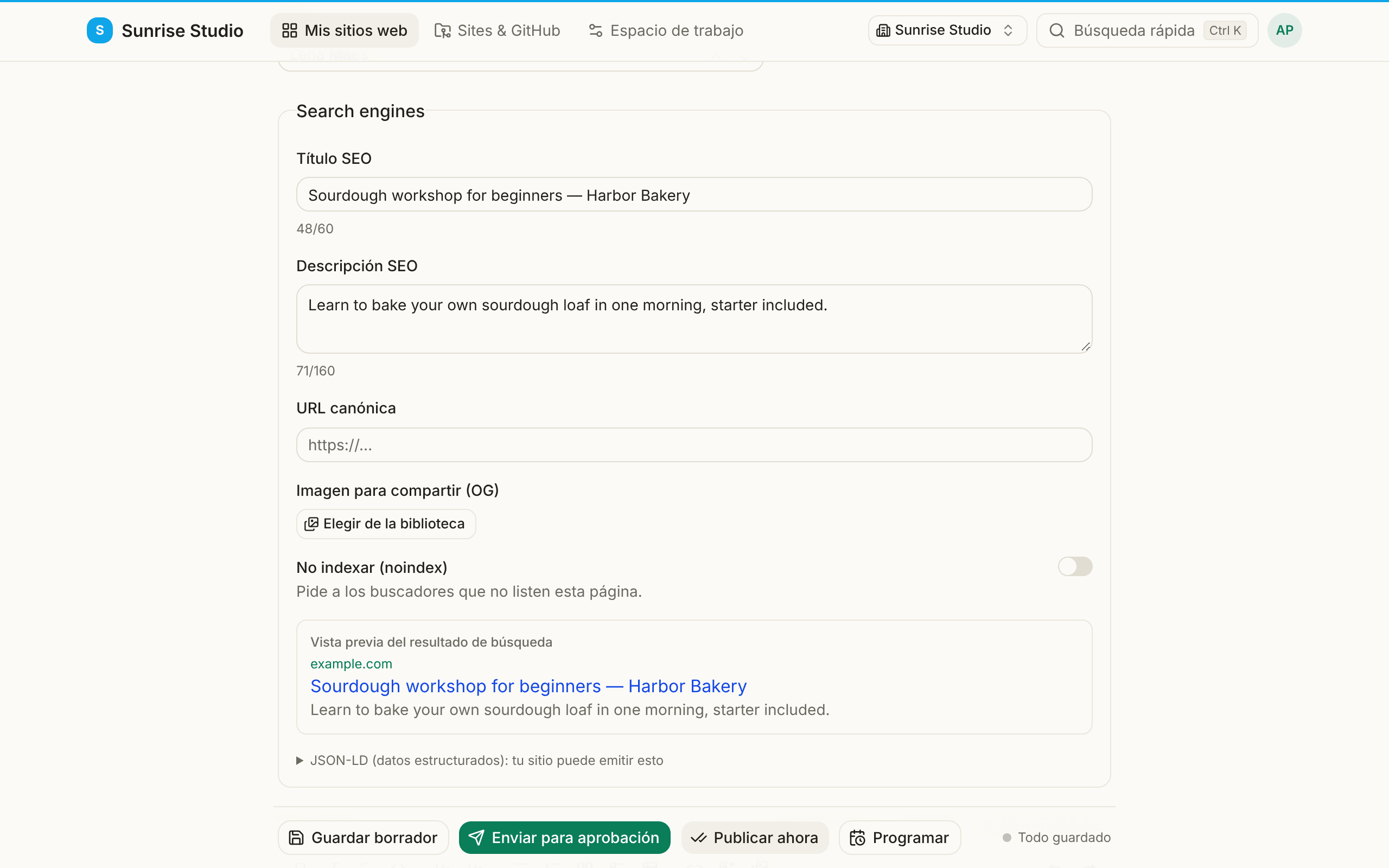 El bloque Search engines de una entrada: Título SEO y Descripción SEO con contadores de caracteres, URL canónica, Imagen para compartir (OG) con Elegir de la biblioteca, un interruptor No indexar y una Vista previa del resultado de búsqueda que muestra cómo aparecerá la página en Google