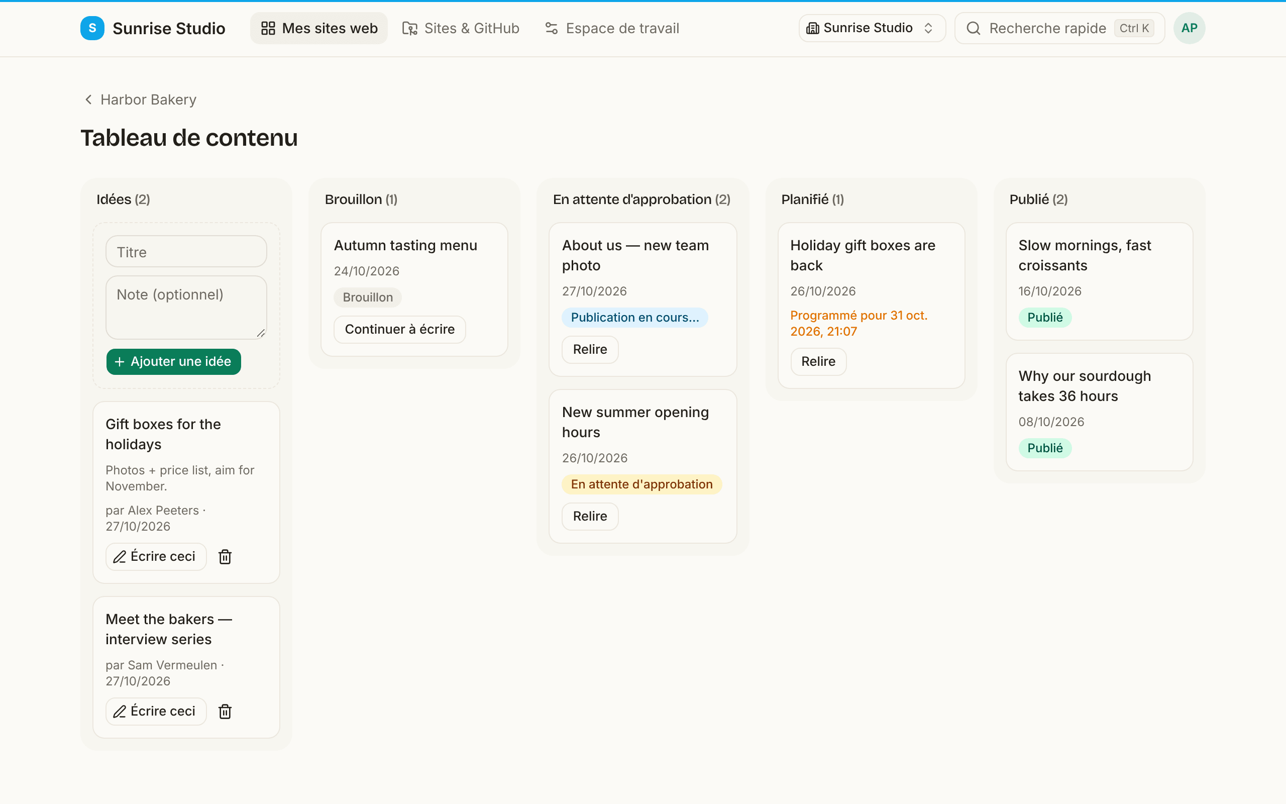 Le tableau de contenu avec cinq colonnes : Idées avec un formulaire titre et note et un bouton Ajouter une idée, Brouillon avec une carte Continuer à écrire, En attente d’approbation avec des cartes et des boutons Relire, Planifié avec une modification programmée, et Publié avec deux articles en ligne