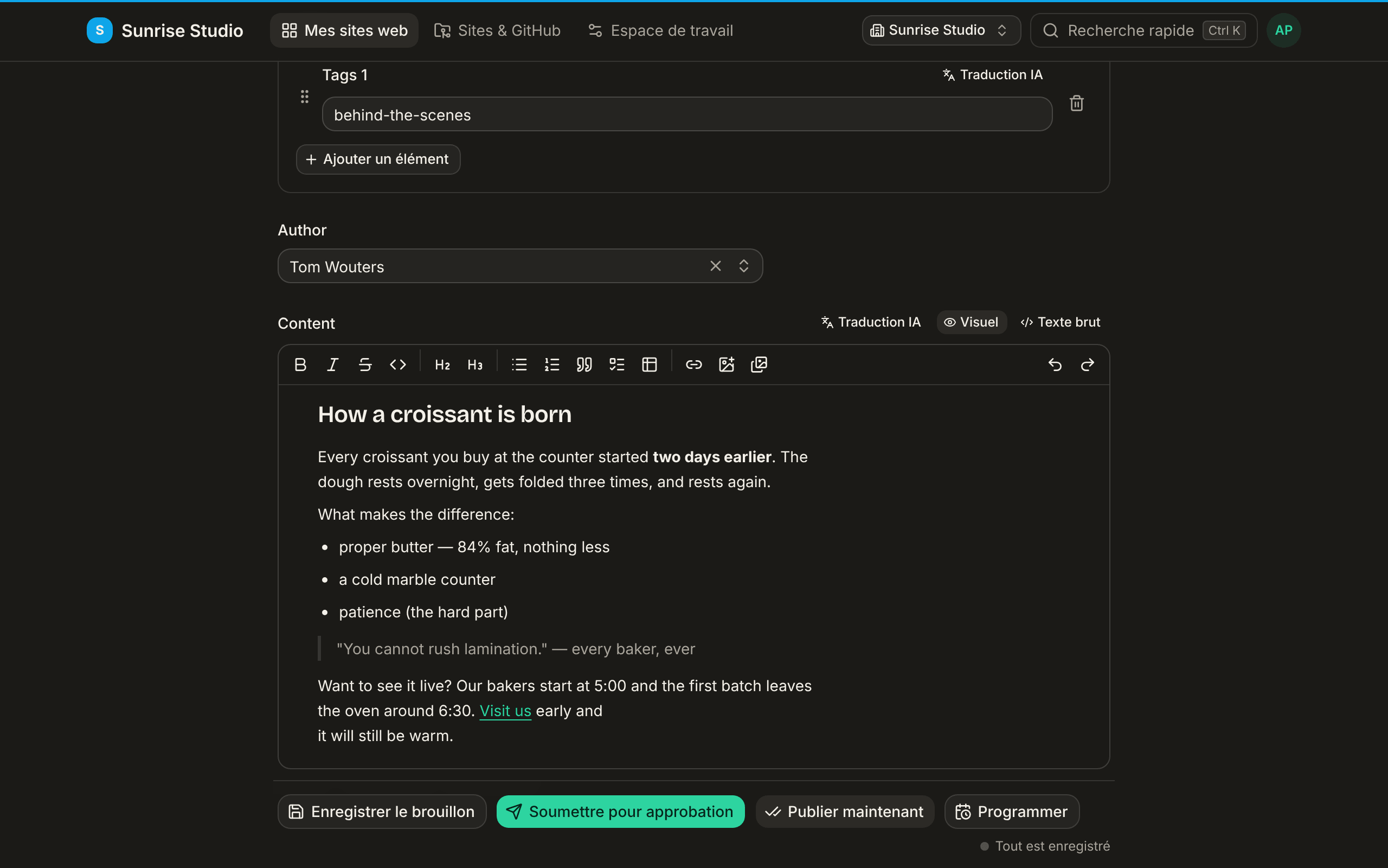 Le champ Content avec sa barre d’outils de mise en forme (gras, italique, titres, listes, citation, tableau, lien, image), le sélecteur Visuel / Texte brut et un article mis en forme avec un titre, du texte en gras, une liste à puces et une citation