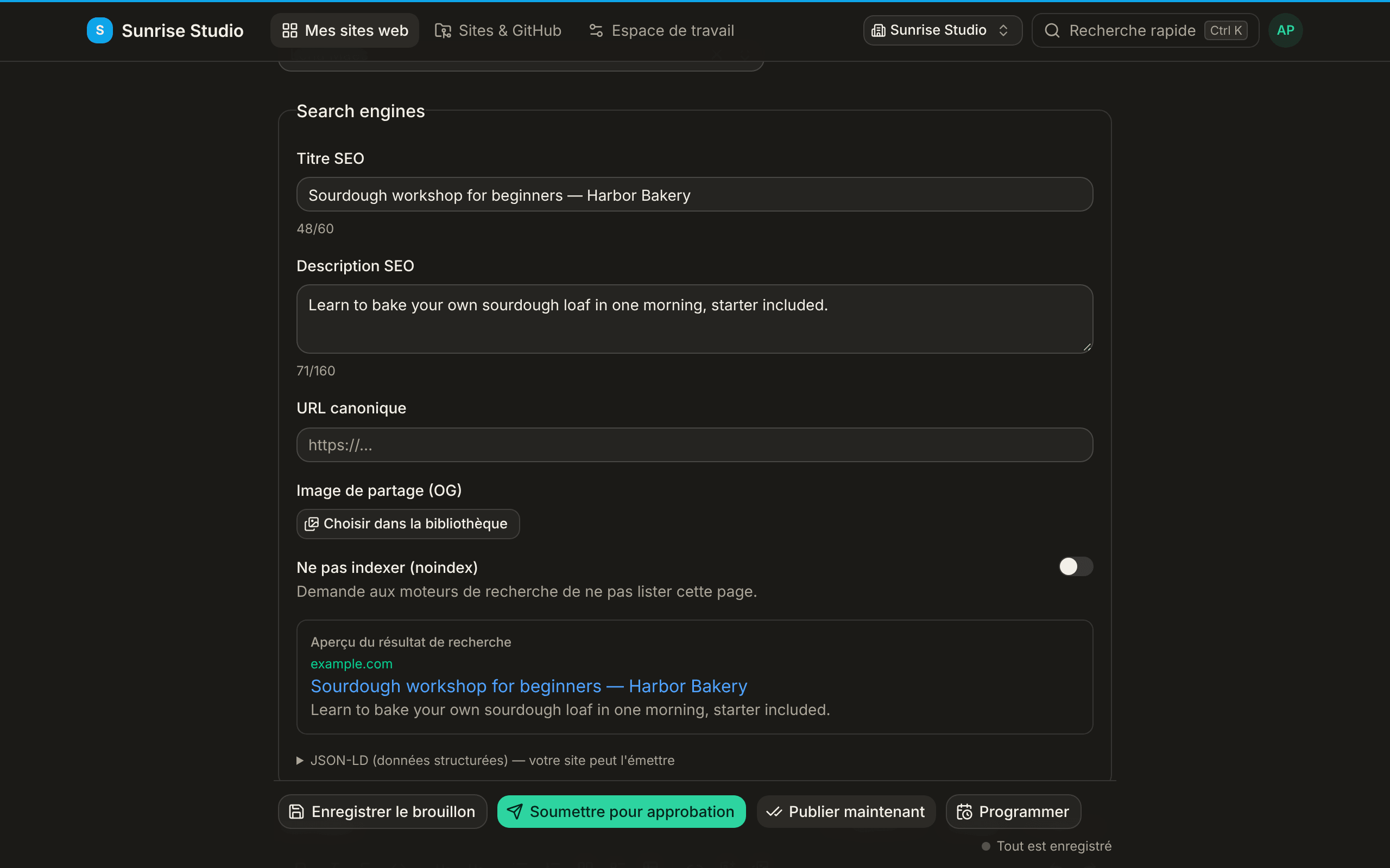 Le bloc Search engines d’une entrée : Titre SEO et Description SEO avec compteurs de caractères, URL canonique, Image de partage (OG) avec Choisir dans la bibliothèque, un interrupteur Ne pas indexer et un Aperçu du résultat de recherche montrant la page telle qu’elle apparaîtra dans Google
