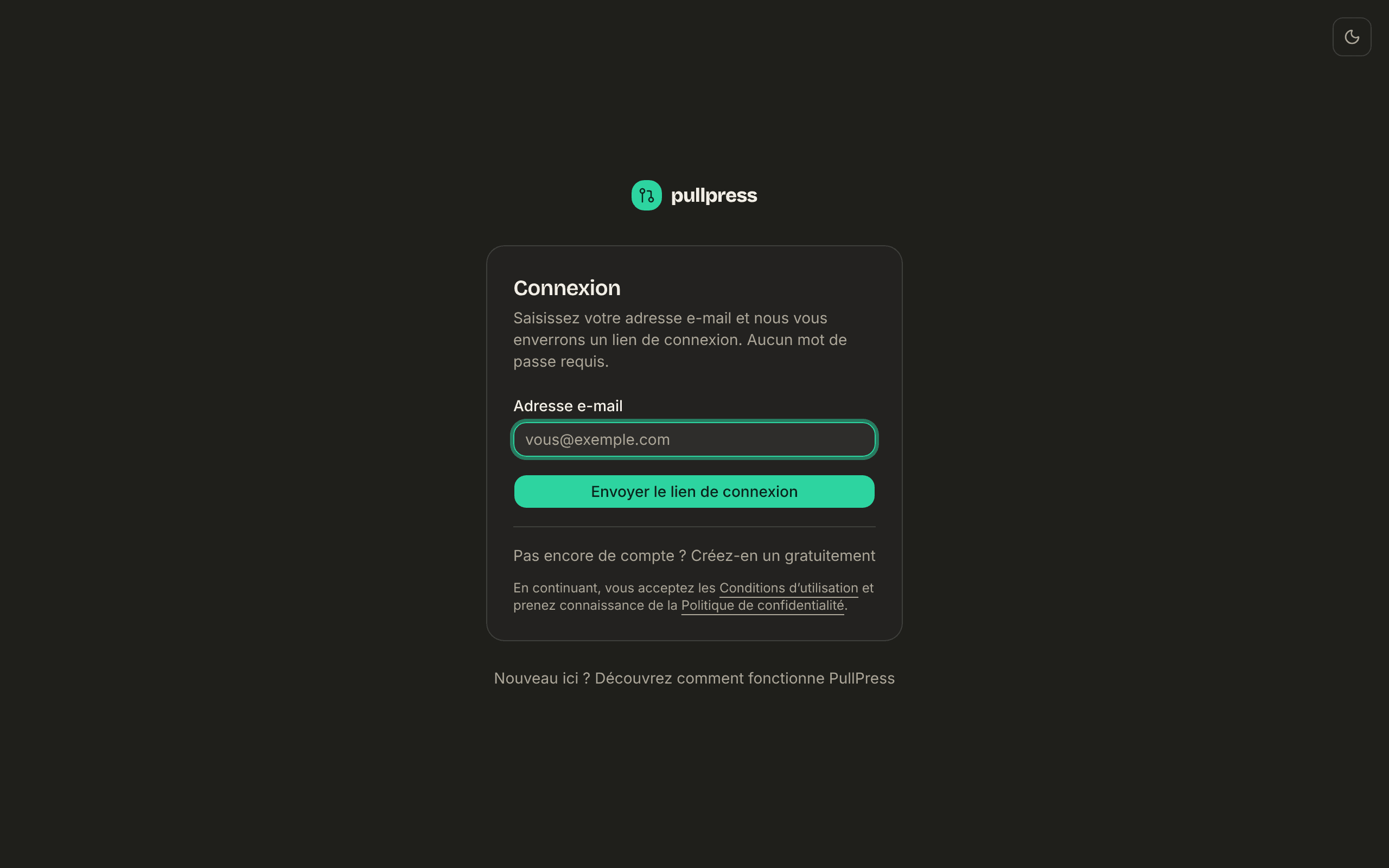 La page de connexion de PullPress : un seul champ pour l’adresse e-mail et un bouton qui envoie un lien de connexion