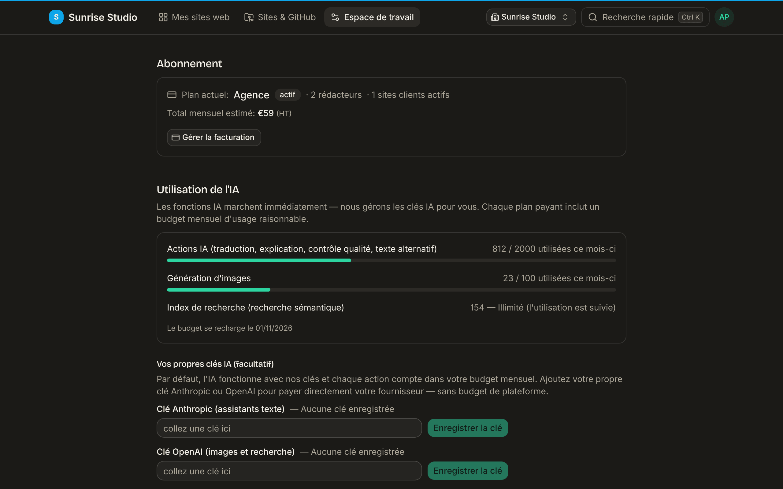 Paramètres de l’espace de travail, panneau Abonnement : formule actuelle Agence (active) avec 2 rédacteurs et 1 site client actif, un total mensuel prévu de 59 € et un bouton Gérer la facturation, suivis des compteurs d’utilisation de l’IA