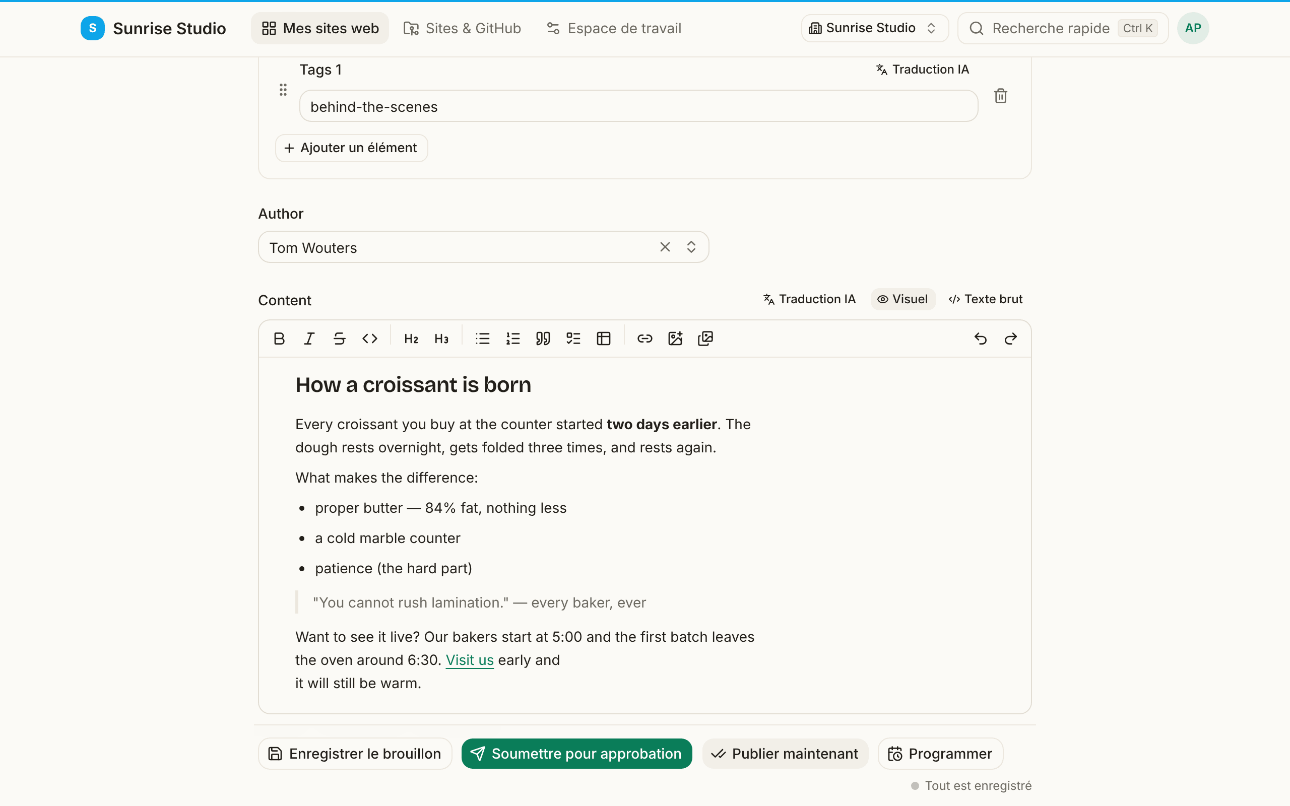 Le champ Content avec sa barre d’outils de mise en forme (gras, italique, titres, listes, citation, tableau, lien, image), le sélecteur Visuel / Texte brut et un article mis en forme avec un titre, du texte en gras, une liste à puces et une citation