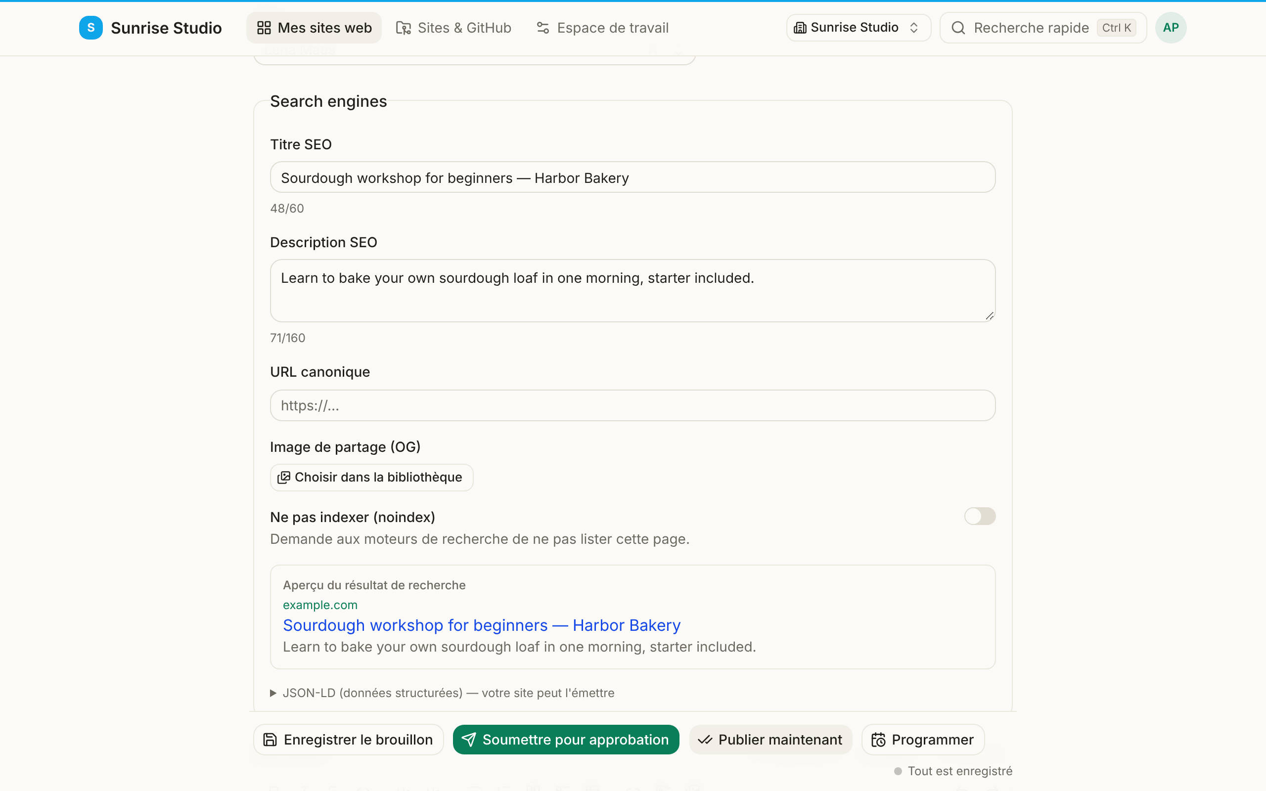 Le bloc Search engines d’une entrée : Titre SEO et Description SEO avec compteurs de caractères, URL canonique, Image de partage (OG) avec Choisir dans la bibliothèque, un interrupteur Ne pas indexer et un Aperçu du résultat de recherche montrant la page telle qu’elle apparaîtra dans Google