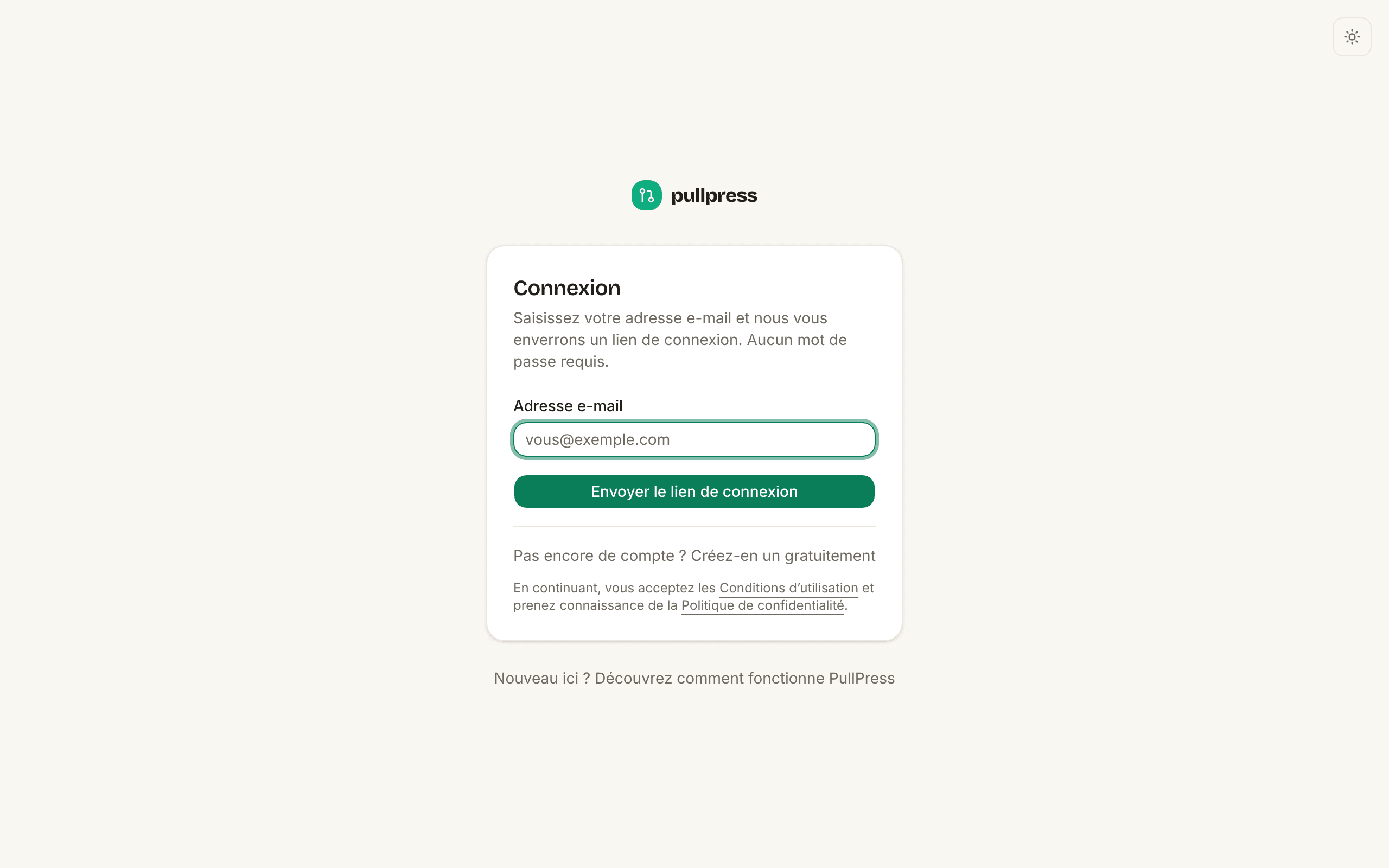 La page de connexion de PullPress : un seul champ pour l’adresse e-mail et un bouton qui envoie un lien de connexion