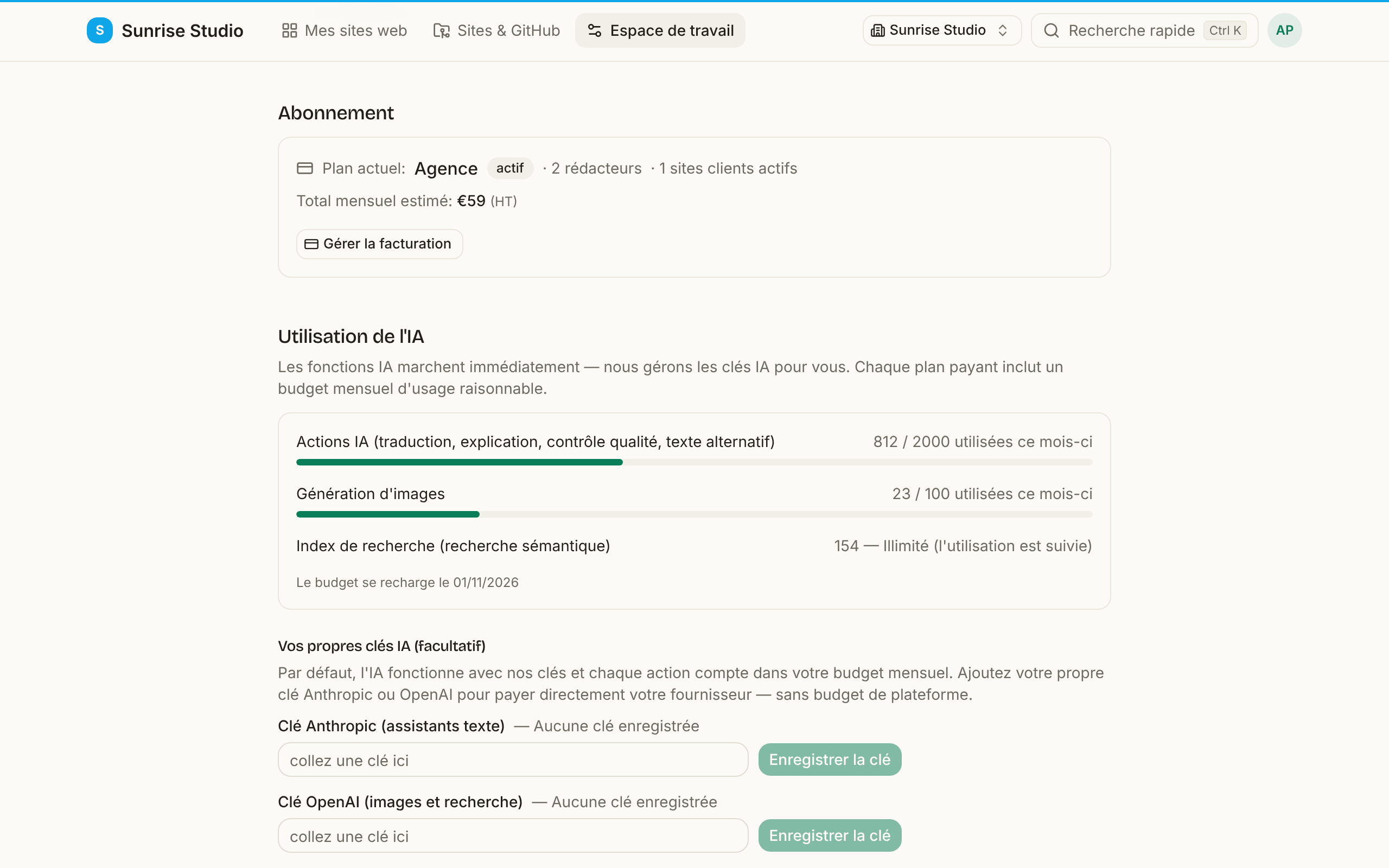 Paramètres de l’espace de travail, panneau Abonnement : formule actuelle Agence (active) avec 2 rédacteurs et 1 site client actif, un total mensuel prévu de 59 € et un bouton Gérer la facturation, suivis des compteurs d’utilisation de l’IA